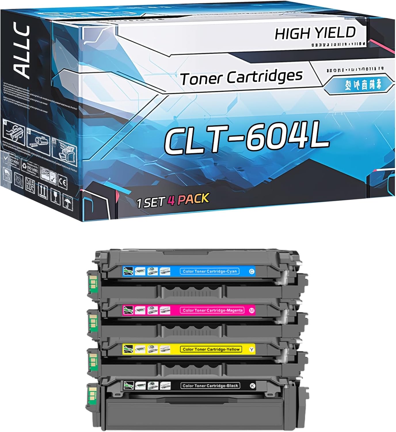 ALLC Compatible for Samsung CLT-604L Toner Cartridges Work for Samsung ProXpress C4062FX C4012ND Printers, with Chip, High Yield 25000 Pages, Clear Printing (4-Pack BK/C/M/Y)