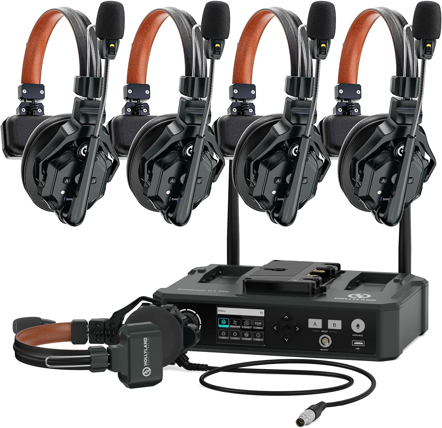 Hollyland Solidcom C1 PRO 5-Person Noise Cancelling Wireless Intercom Headset System w/HUB, 1100ft Full-Duplex 1.9GHz AB Group PTT Mute Expandable Comm Headset for Church Drone TV Film（G-Mount）