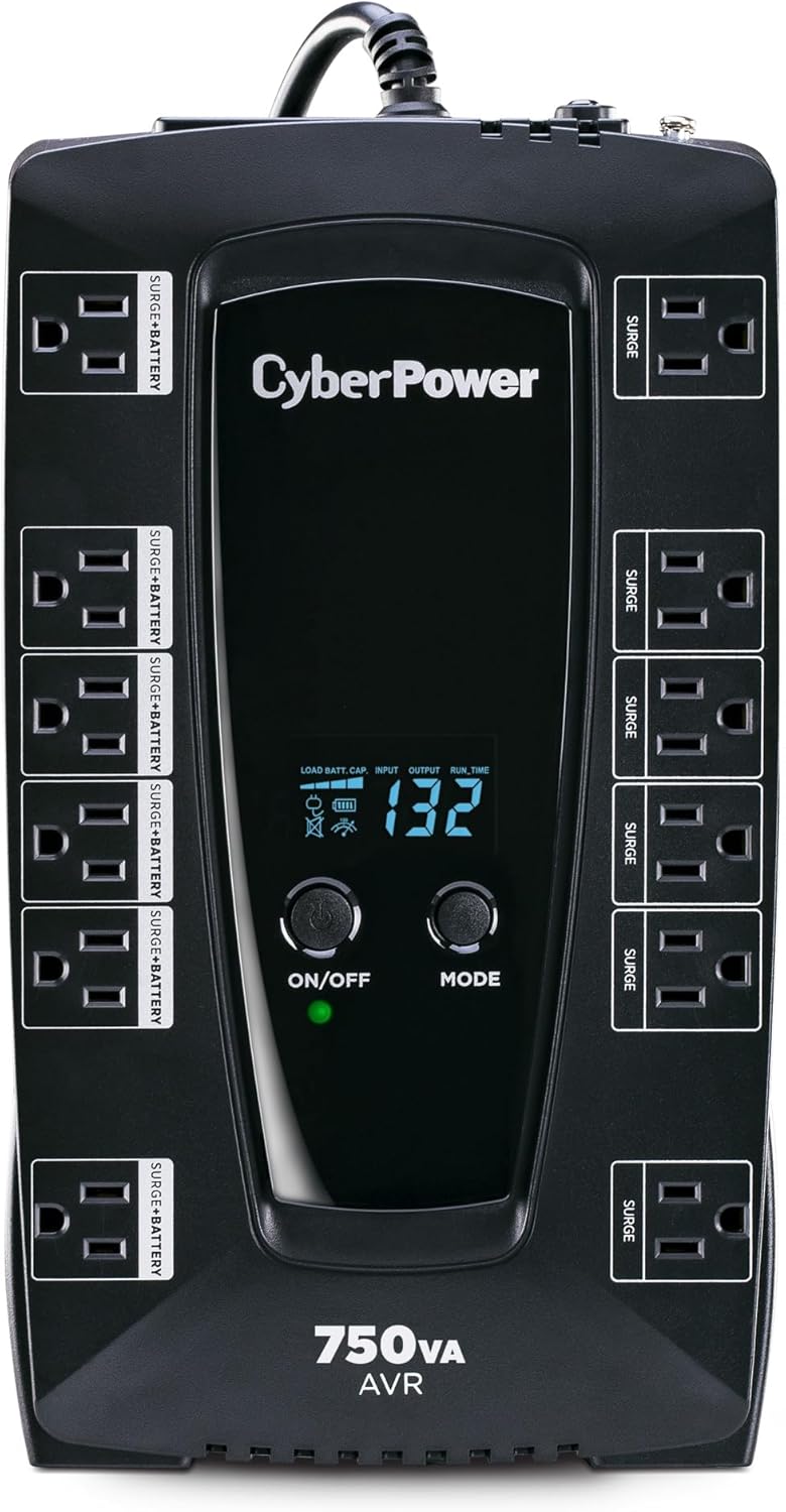 CyberPower AVRG750LCD Intelligent LCD UPS System, 750VA/450W, 12 Outlets, AVR, Compact
