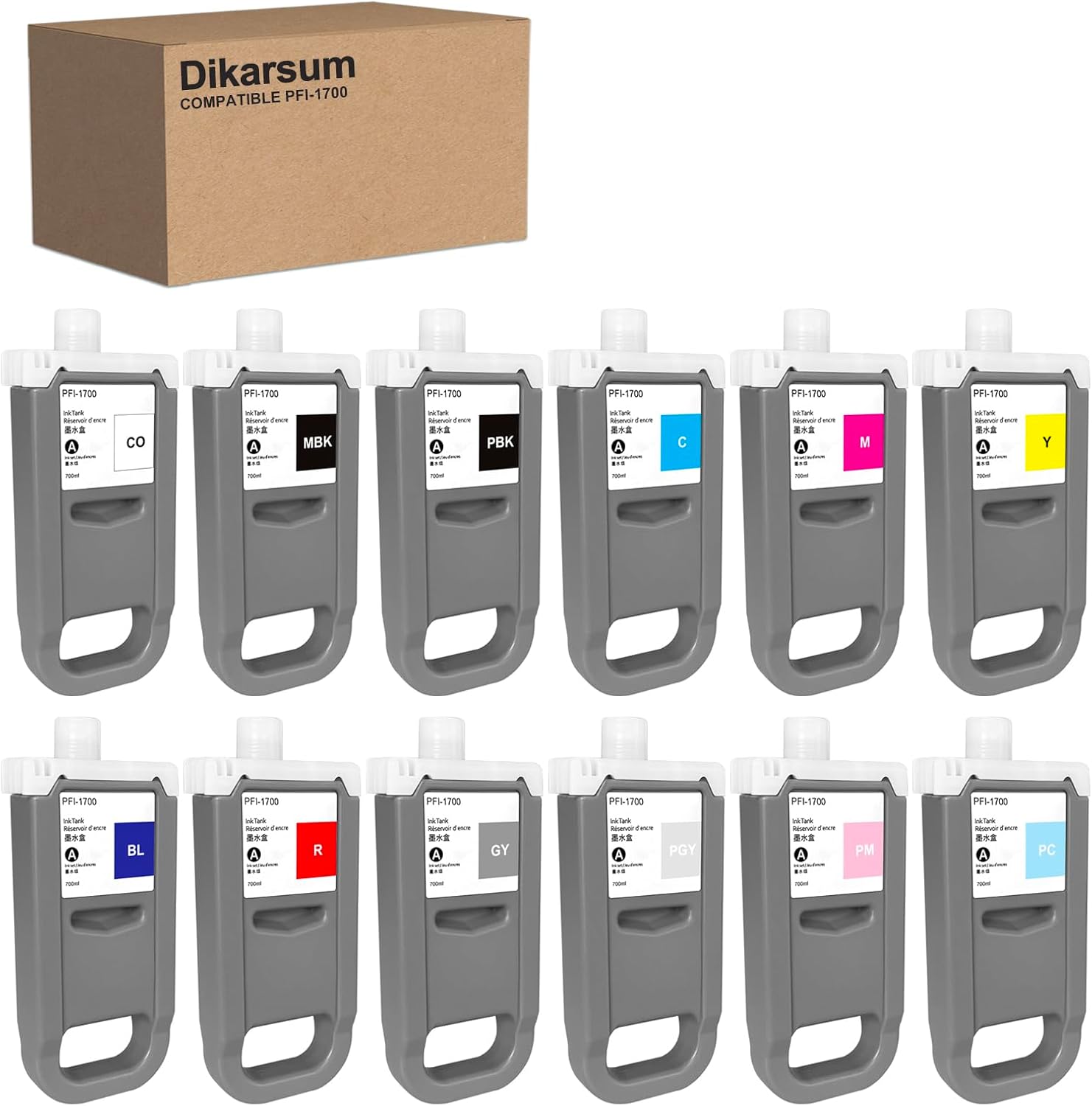 Dikarsum PFI-1700 Compatible Ink Cartridge Replacement for Canon PFI1700 for imagePROGRAF PRO-2000,PRO-2100,PRO-4000S,PRO-4100,PRO-6000S,PRO-6100,PRO-6100S,PRO-4100S Printers (12Color Pigment 700ML)