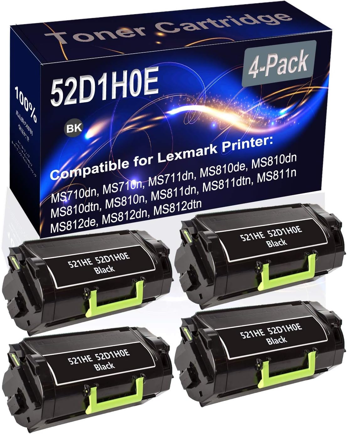 Kolasels 4-Pack (Black) Compatible High Yield 521HE 52D1H0E Printer Cartridge use for MS710dn MS710n MS711dn MS810de MS810dn MS810dtn Printer