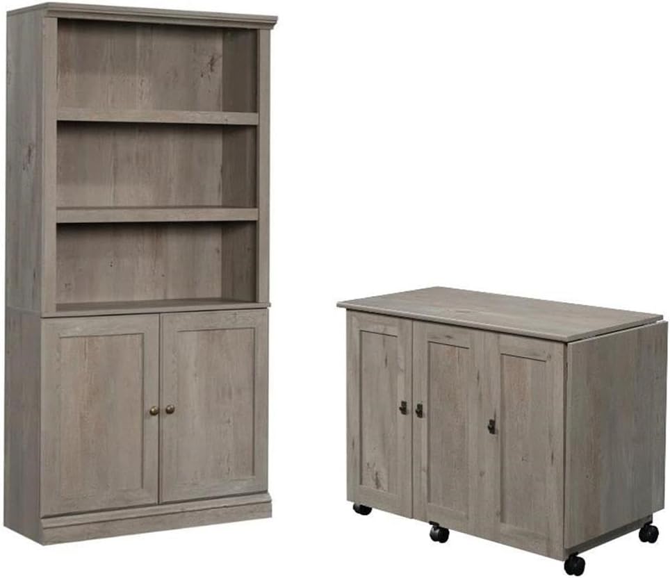 Home Square 2 Piece Mid Century Bookcase and Craft Table Set in Mystic Oak