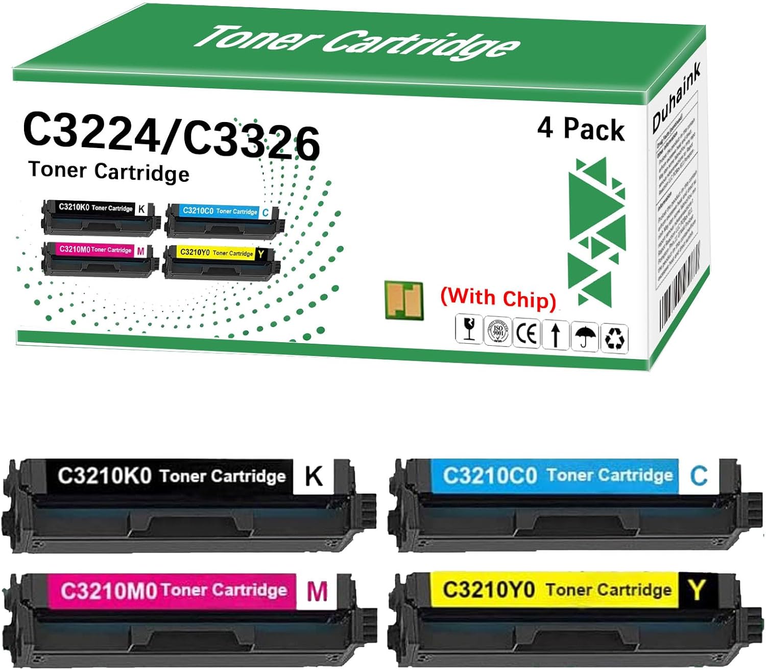 Duhaink 4 Pack C3210K0 C3210C0 C3210M0 C3210Y0 Remanufactured Toner Cartridge Replacement for C3224 C3326 C3426 MC3224 MC3326 MC3426 Printer (with Chip, B C M Y)