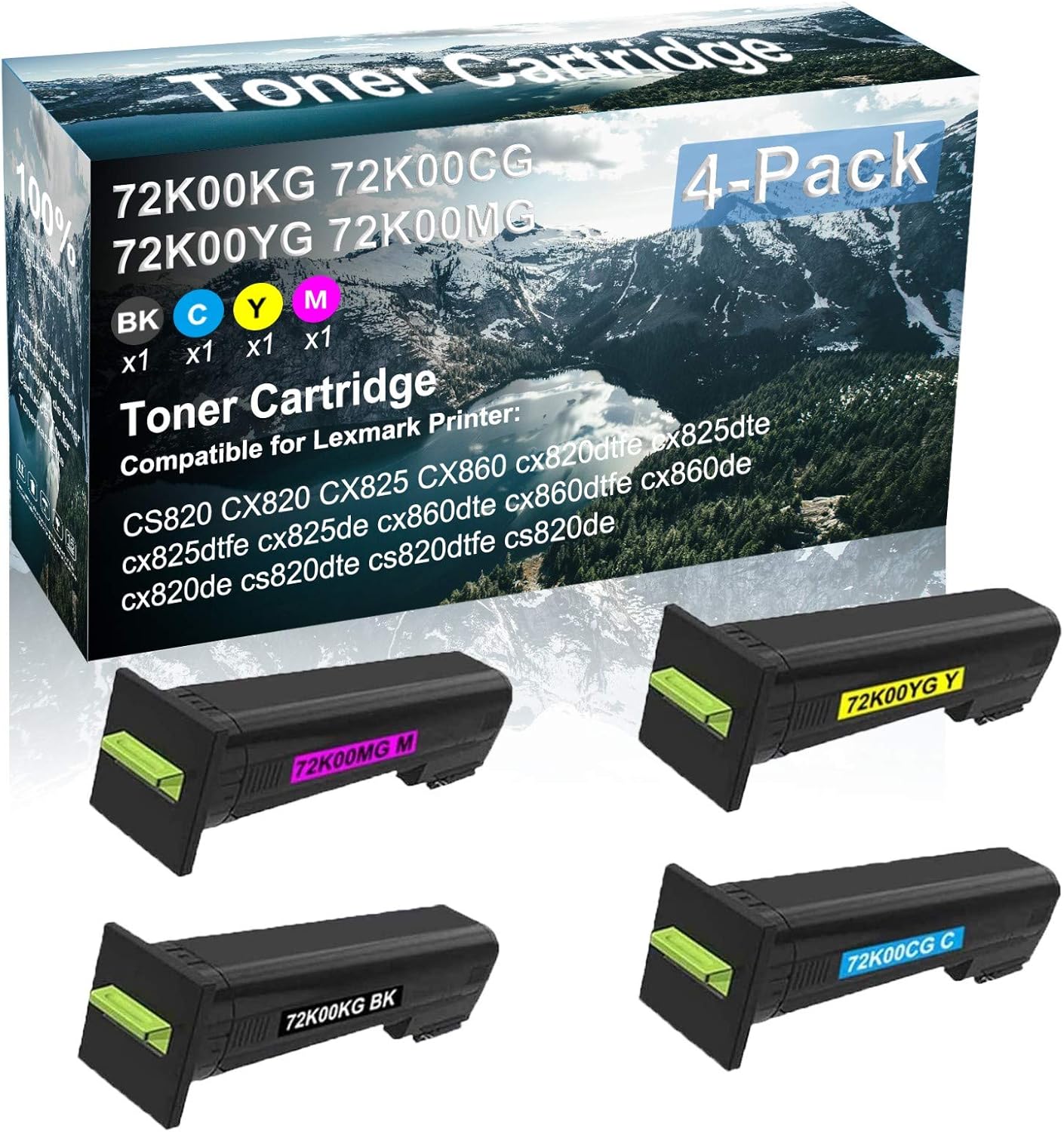 4 Pack (BK+C+Y+M) Compatible High Capacity Toner Cartridge Replacement for Lexmark 72K00KG 72K00CG 72K00YG 72K00MG Printer Cartridge use for cx825dtfe cx825de cx860dte cx860dtfe cx860de Printer