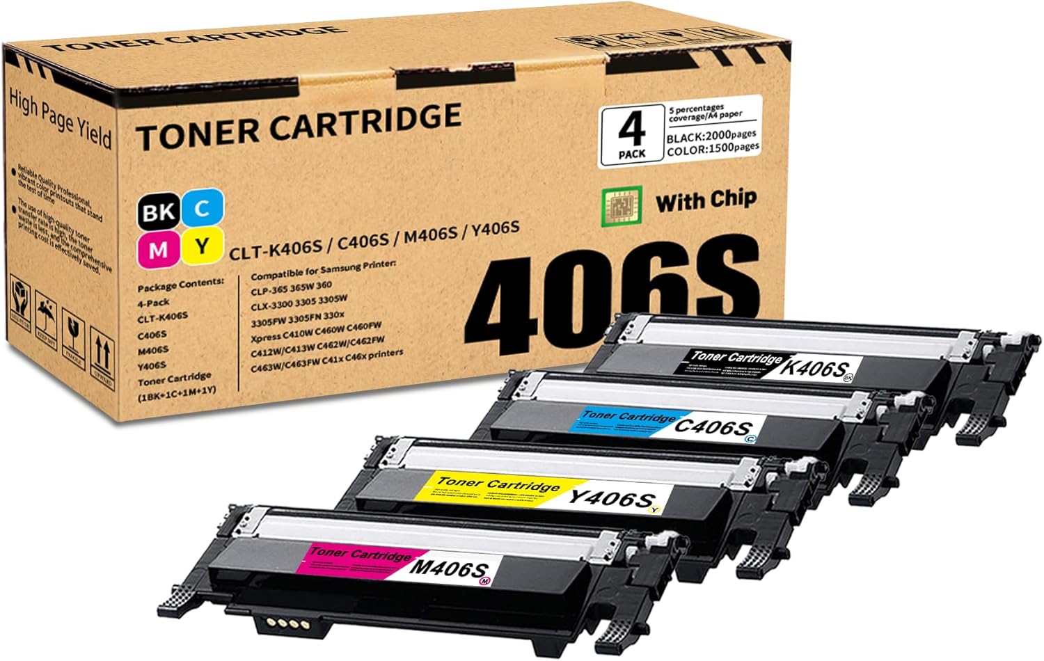 IGUGNIK 4 Pack BK/C/M/Y CLT-K406S C406S M406S Y406S Toner Cartridge, Compatible for Samsung CLP-365 365W 360 Xpress C410W Printer