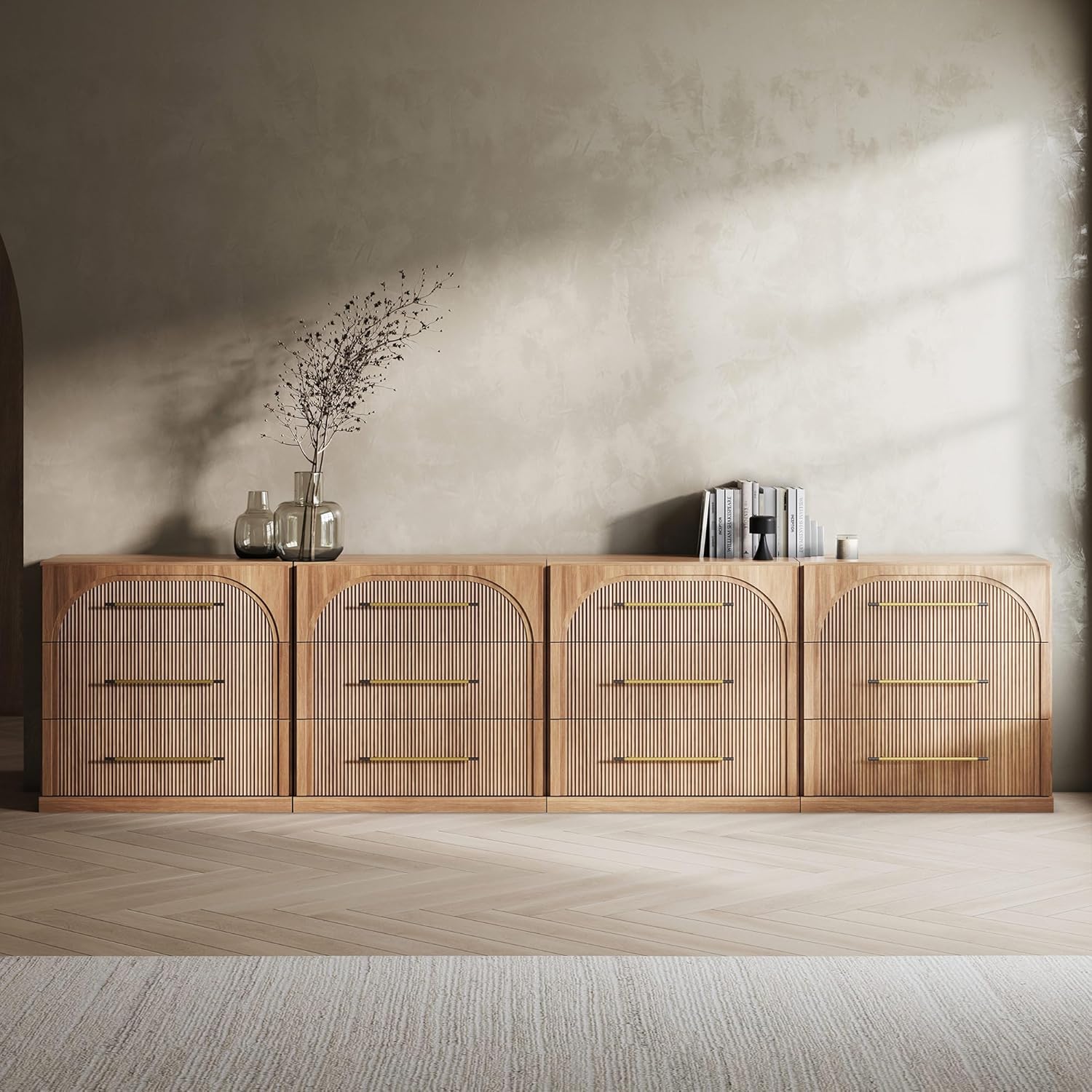 BELLEZE Bookcase with 3 Drawers, Set of 4 Modern Book Shelf with Adjustable Shelves and Metal Handle, Wood Bookshelves for Living Room Office Entryway (Camel)