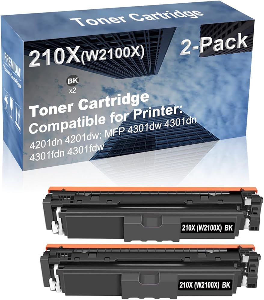 2-Pack (Black) Compatible 4201dn 4201dw; MFP 4301dw 4301dn 4301fdn 4301fdw Printer Toner Cartridge High Capacity Replacement for 210X (W2100X) Toner Cartridge (with Chip)