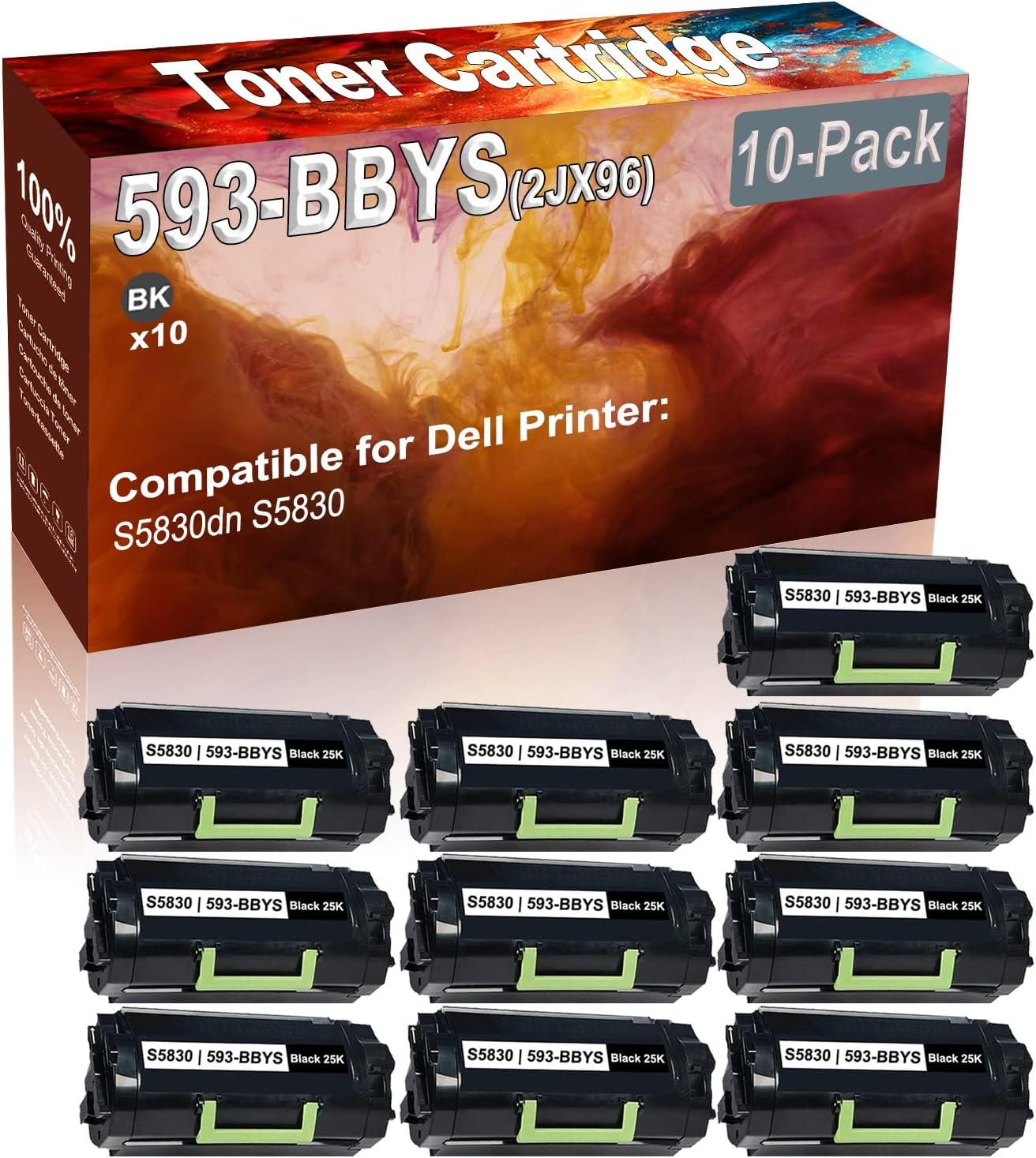 10-Pack Compatible High Capacity 593-BBYS (2JX96) Laser Printer Toner Cartridge use for Dell S5830dn S5830 Printer (Black)