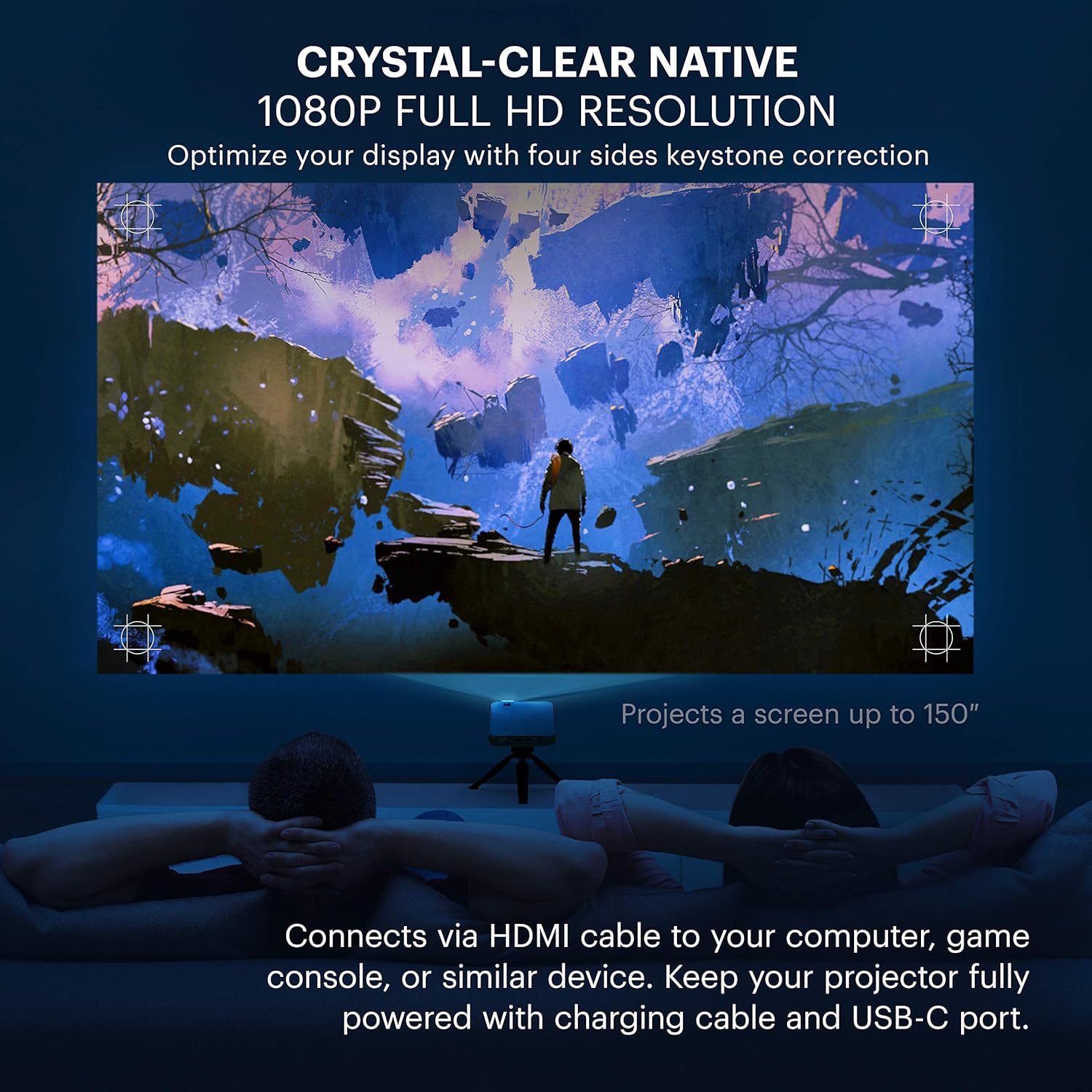 KODAK Luma 450 Portable Full HD Smart Projector | Wi-Fi, Bluetooth, HDMI & USB Compatible Mini Home Theater System Up to 150” | 1080p Native Resolution (4K), 200 Lumens | Tripod Included