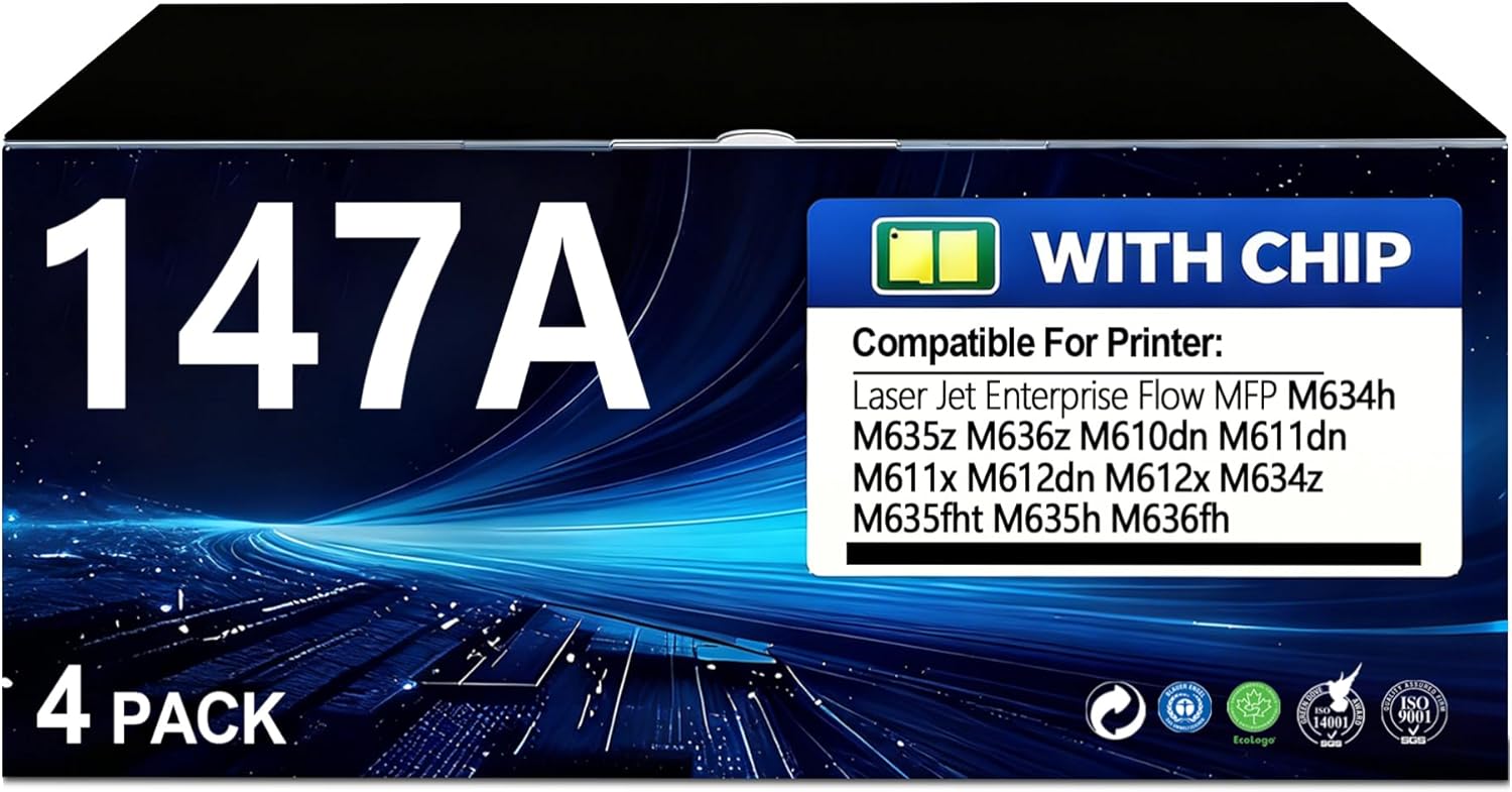 147A Black Toner Cartridge Works with 4-Pack Replacement for HP W1470A Toner Laser Jet Enterprise M610 M611 M611 M612 MFP M634 M635 M636 Printer, W1470A