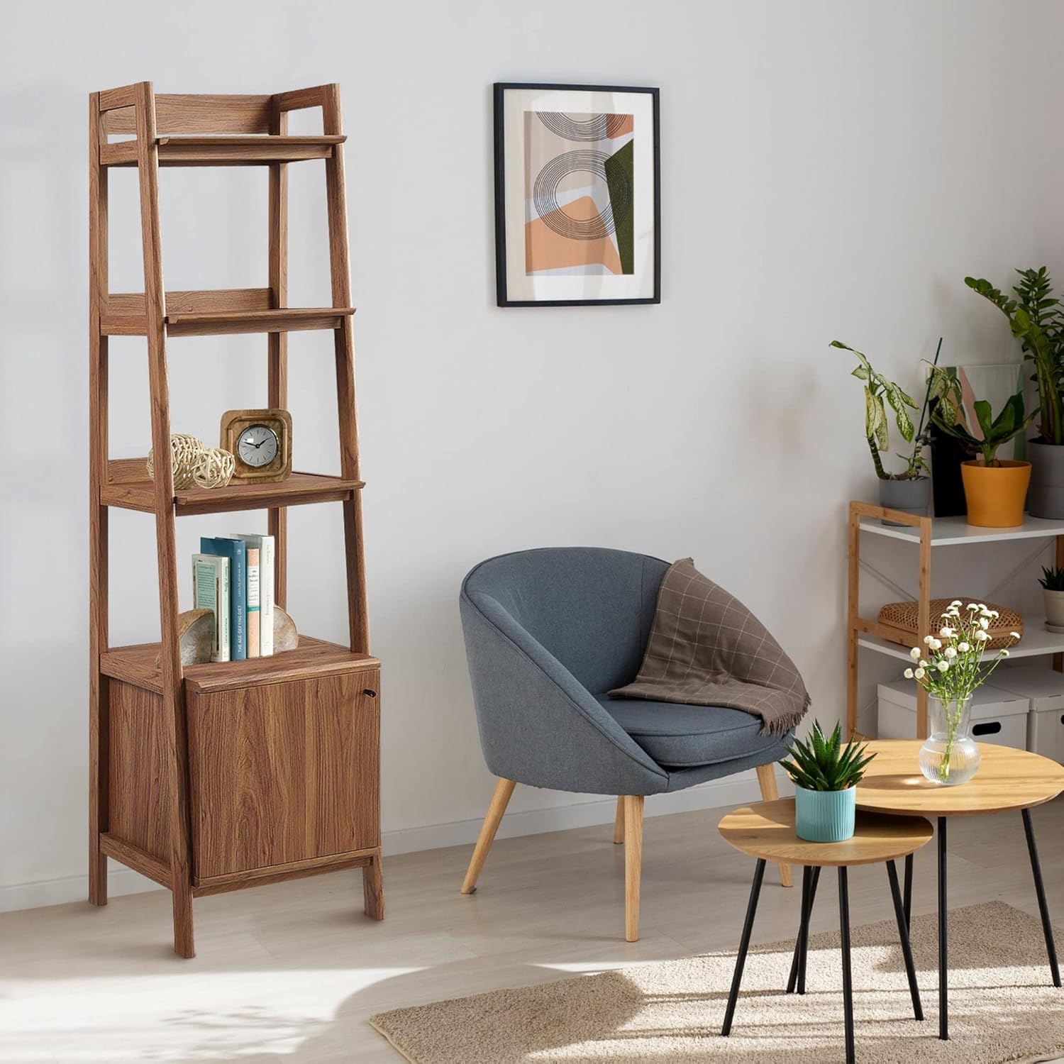 Sleek 5-Shelf Ladder Walnut Wooden Bookcase with Storage Cabinet Brown Modern Contemporary Traditional Wood Finish Doors Solid