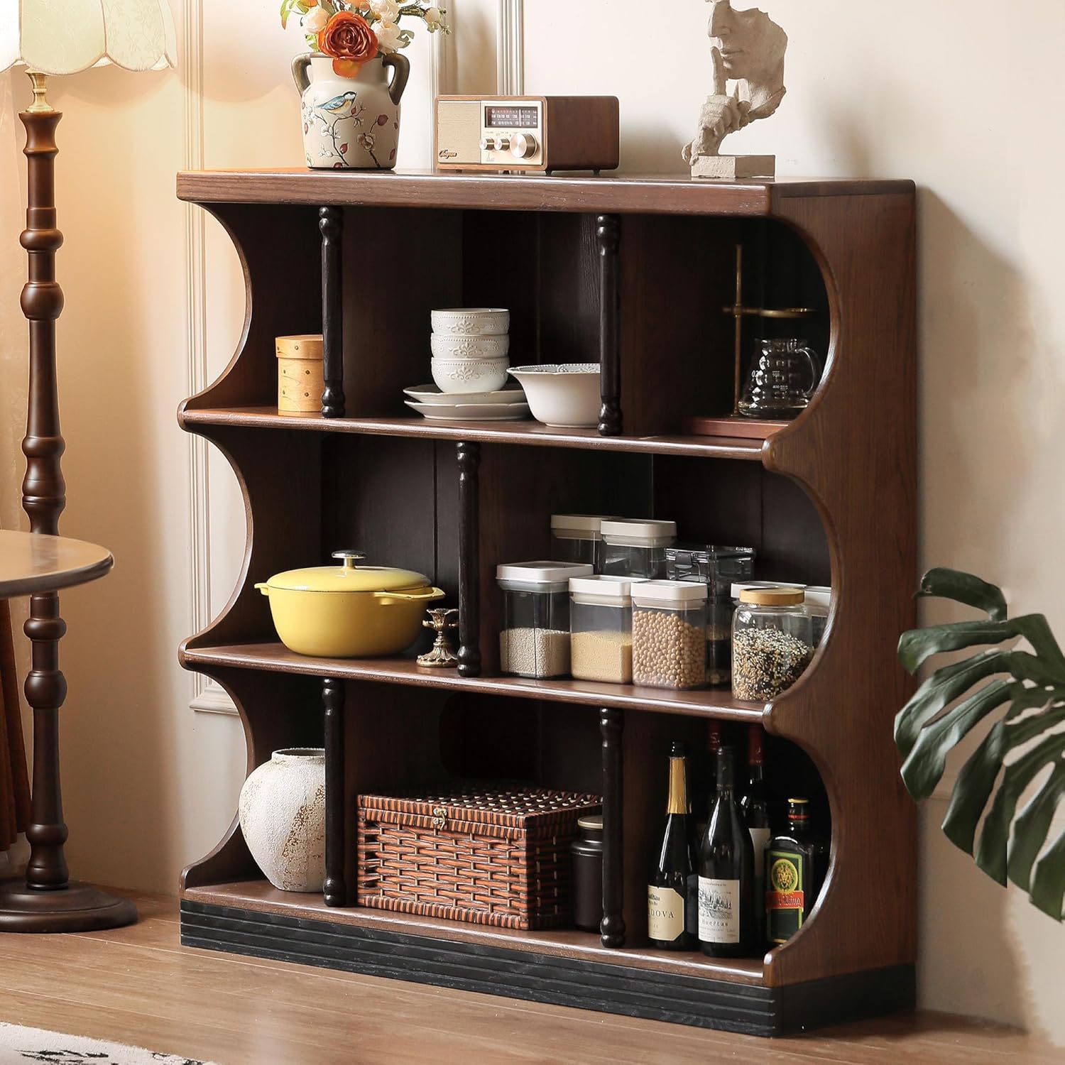 YESWOOD Solid Wood Bookshelf, French Vintage Bookcase, Freestanding Display Shelf with Classic Shape, Large Storage Bookshelf for Living Room, Study, Home Corner 47.24