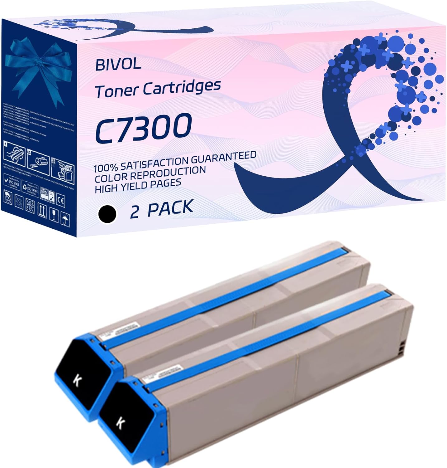 BIVOL C7300 Toner Cartridges Compatible for Okidata OKI C7100 C7300 C7350 C7500 C7550 Printers, with Chip, High Yield 10000 Pages, Vivid Colors (2 Pack Black)