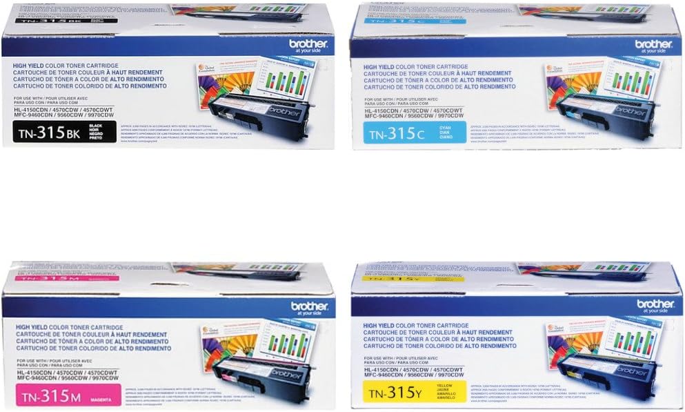 Brother TN315K, TN315C, TN315M, TN315Y High Yield Black, Cyan, Magenta and Yellow Toner Cartridge Set
