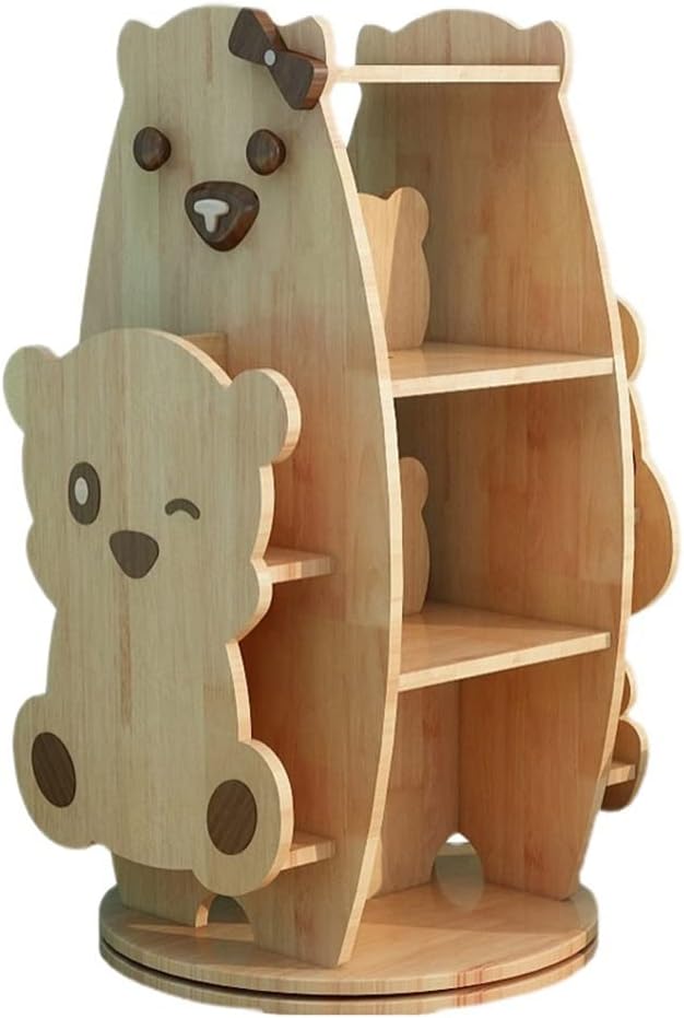 Cartoon Bear Kids Bookshelf, 360 Degree Rotation Oak Bookcase, Books Picture Books Toys and Snacks Storage Rack