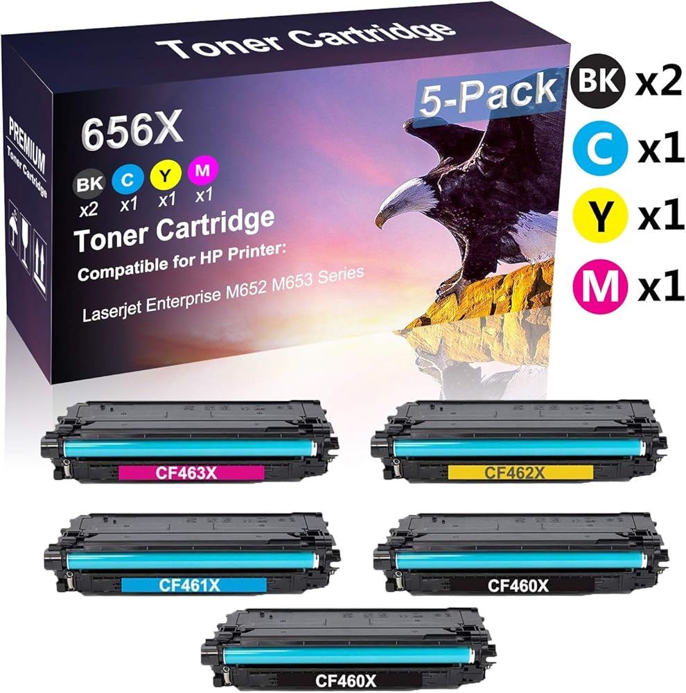 5 Pack (2 Black+ Cyan+ Yellow+Magenta) Compatible Laserjet Enterprise M652 M653 Imaging Toner Cartridge Replacement for HP 656X CF460X CF461X CF462X CF463X Printer Toner Cartridge(High Capacity)
