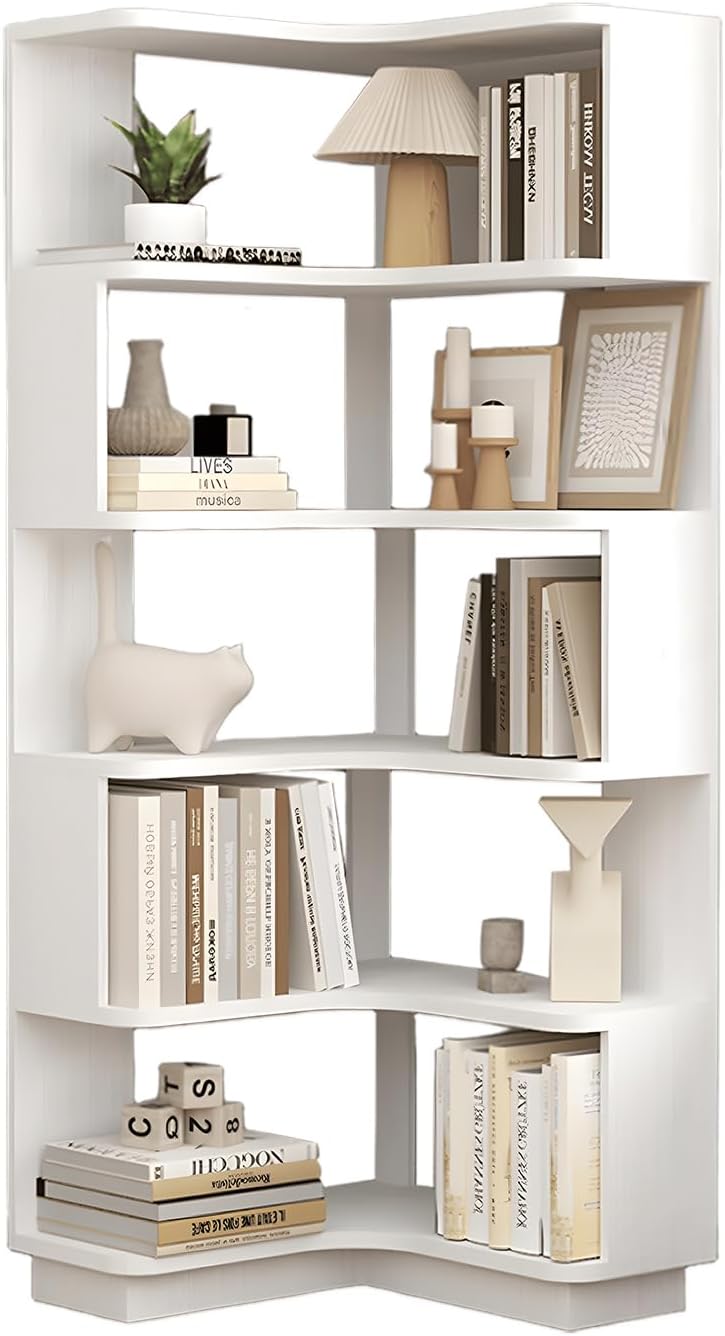 Corner Bookshelf 6-Tier L Shaped Bookcase, White Tall Corner Shelf Bookshelves Large Wood Book Rack L-Shaped, Freestanding Bookcases Modern Book Shelf Display Cabinet Storage Shelves for Home Office