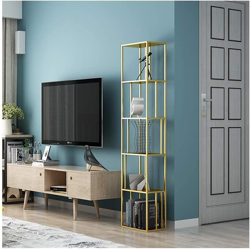 Bookshelf 5 Tier Bookshelf Metal Tall Bookcase Industrial Storage Rack Organizer Display Shelf Open Wide Standing Shelving Unit for Home Office (Color : Gold)