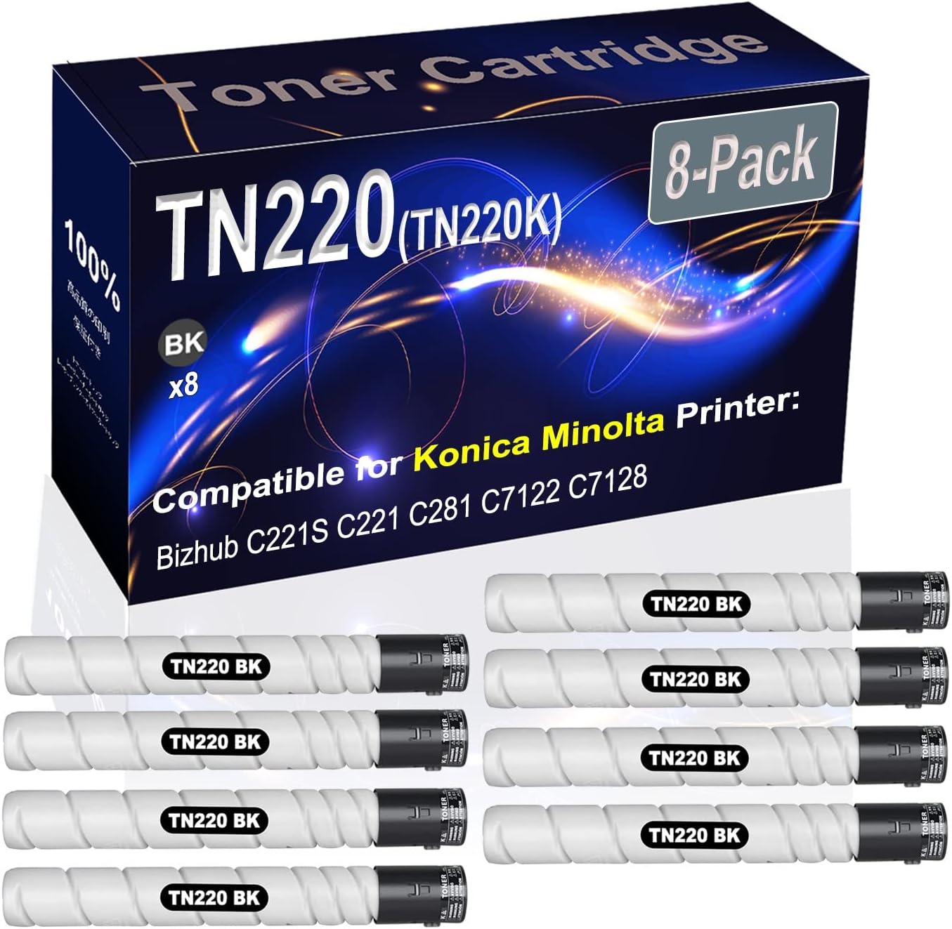 8-Pack (Black) Compatible High Yield TN220 TN-220 TN220K Printer Cartridge use for Konica Minolta Bizhub C221S C221 C281 C7122 C7128 Printer