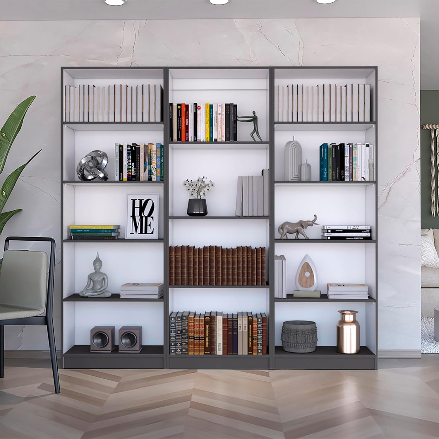 Kaimei 3 Piece Bookcase Set, Modern Shelves for Books & Decor, Matt Gray/White, Living Room, Bedroom, Office