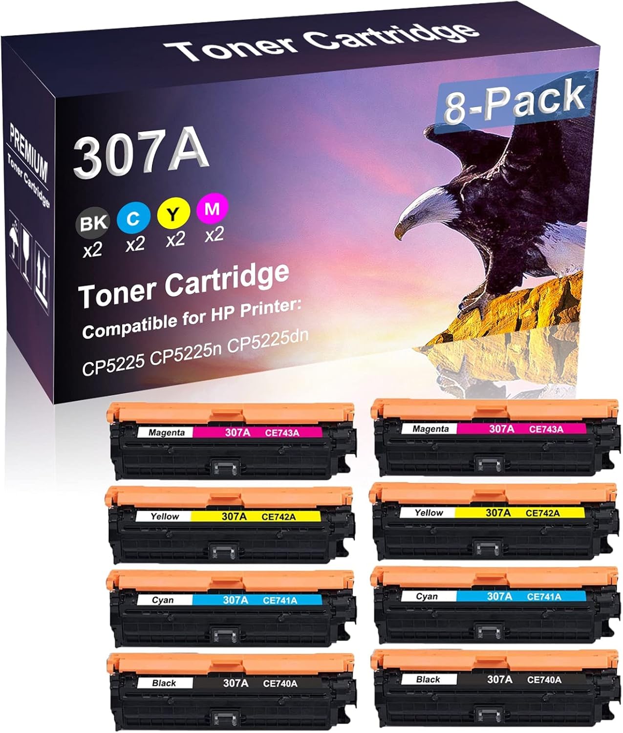 8 Pack (2BK+2C+2Y+2M) Compatible 307A | CE740A CE741A CE742A CE743A Printer Toner Cartridge use for HP CP5225n Printer(High Capacity)