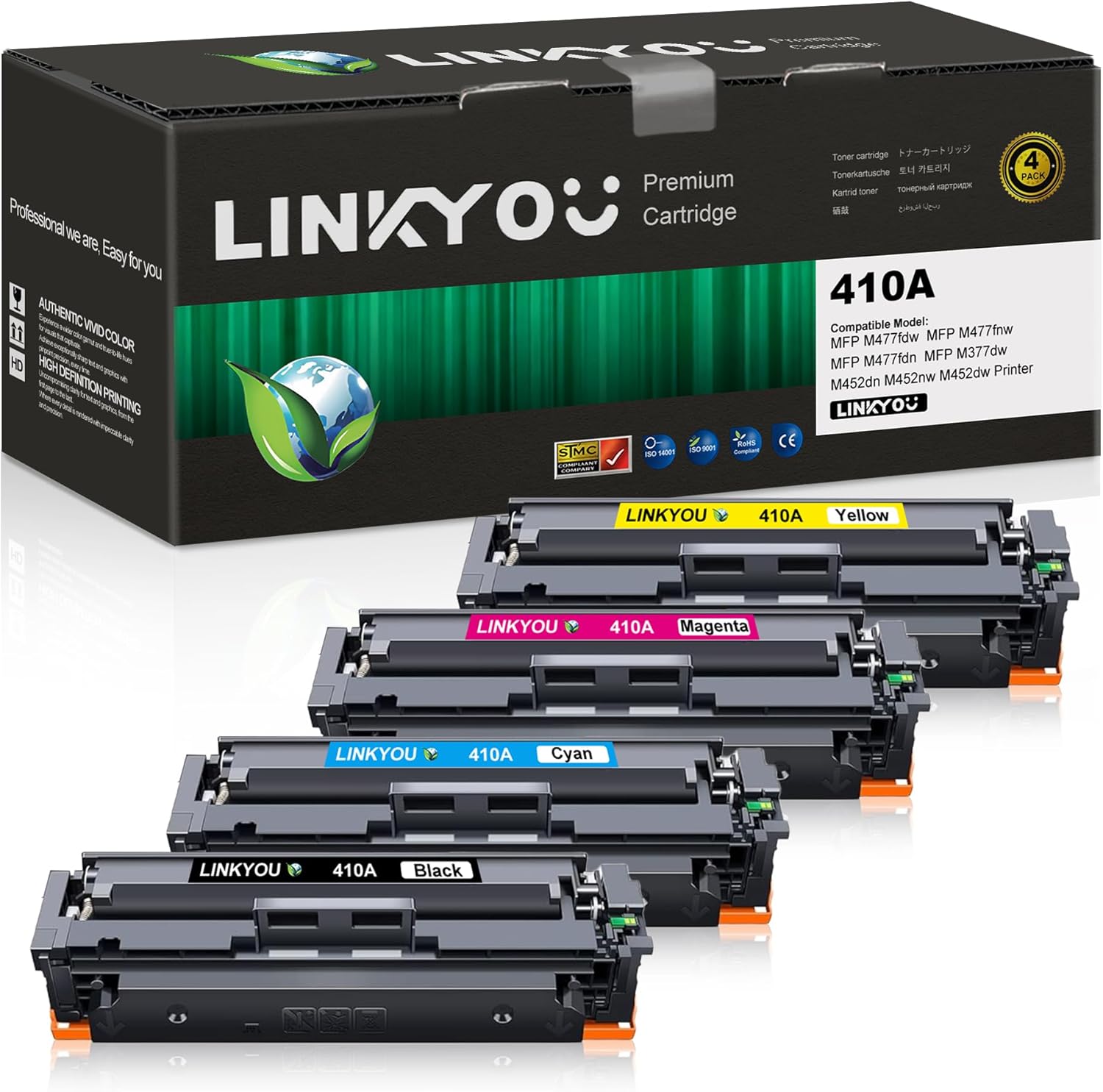 410A Toner Cartridge Set : 4 Pack 410A Replacement for HP 410A CF410A CF411A CF412A CF413A Toner Cartridge for MFP M477fnw M477fdw M452dn M477 M452 Printer - Black/Cyan/Magenta/Yellow