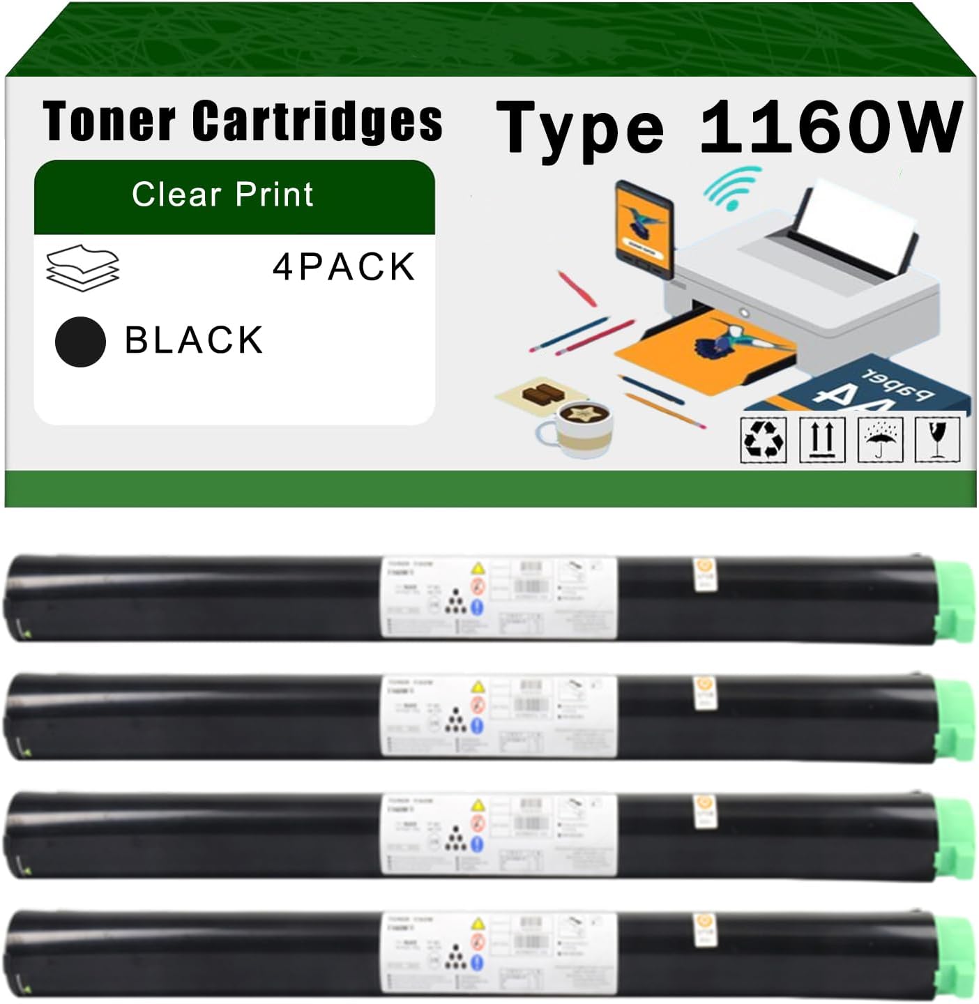 AGNNQ Type 1160W Toner Cartridges Compatible for Ricoh Aficio MP W2400 W3600 W3601 Printers, Office Printing is Easy Clear Smooth (4 Pack Black)