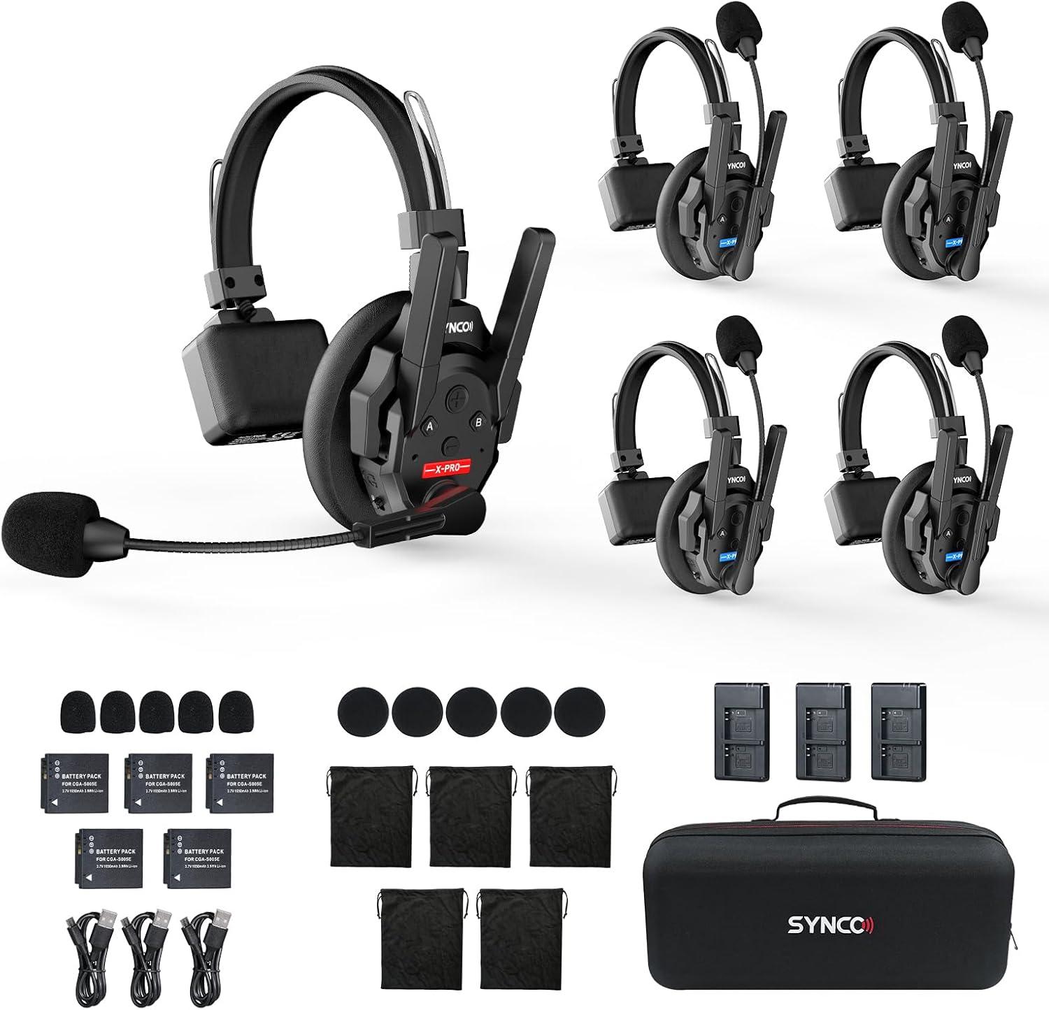 SYNCO XTALK XPRO5 Wireless Intercom Headset System, 500m/1640ft 2.4GHz Communication Headsets for 5 Person with Noise Reduction Film Documentary TV Production, Xtalk-Xpro-X5-headset-intercom