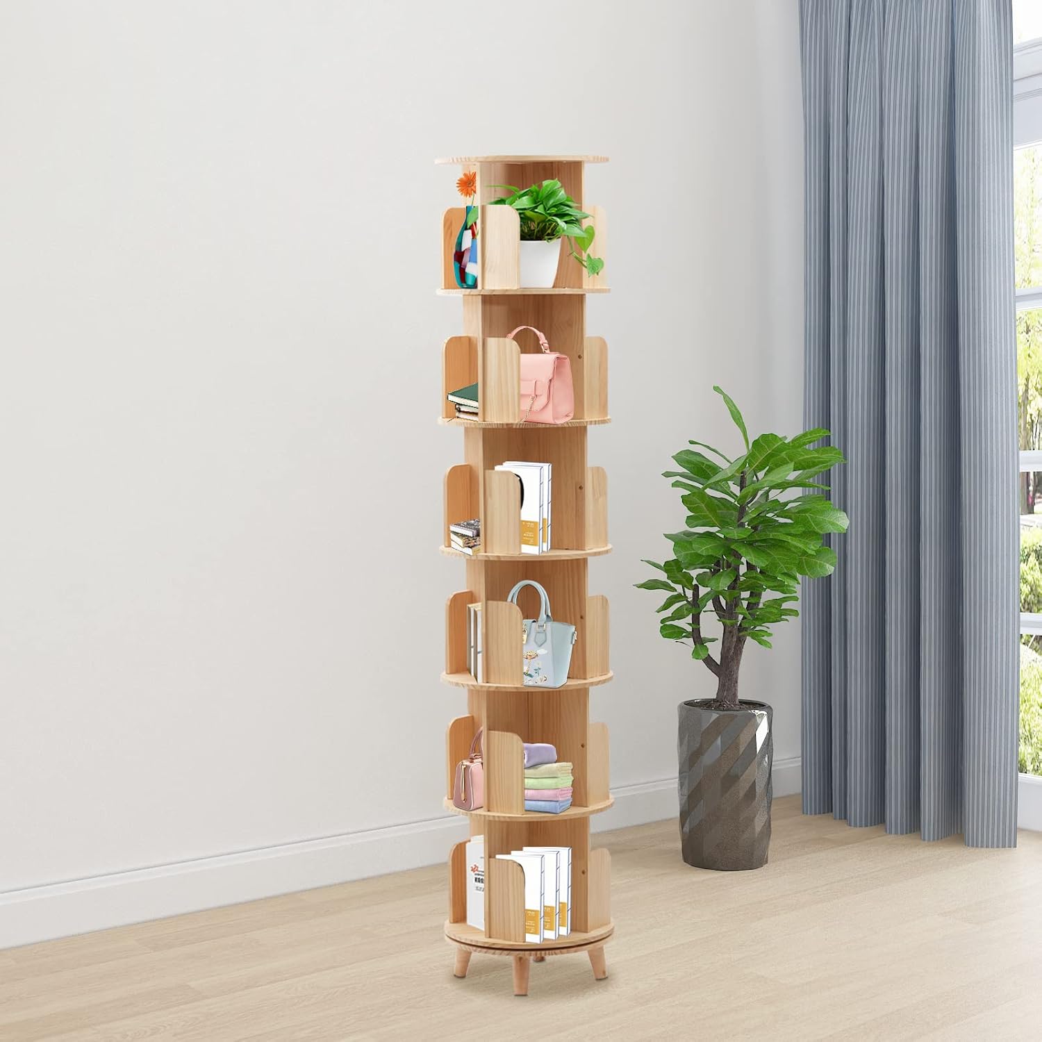 YIYIBYUS Rotating Bookshelf 360 Display Floor Standing Bookcase Storage Rack Rotating Bookshelf,Rotating Bookshelf Floor Standing Bookcase for Multi-Functional Bookshelf Organizer (Tiers: 6)