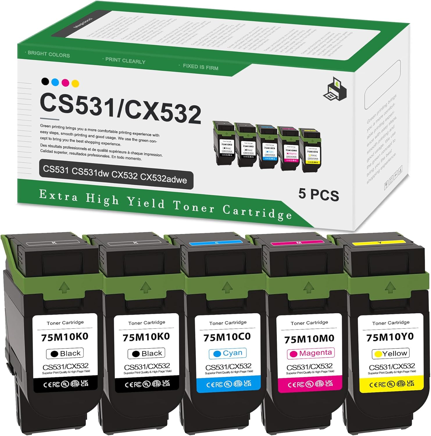 VIGUSI CS531 CX532 Toner Cartridge 75M10K0 75M10C0 75M10M0 75M10Y0 Replacement for Lexmark CS531dw CS632dwe CX532adwe CX635adwe Printer(5Pack,2BK/C/M/Y)