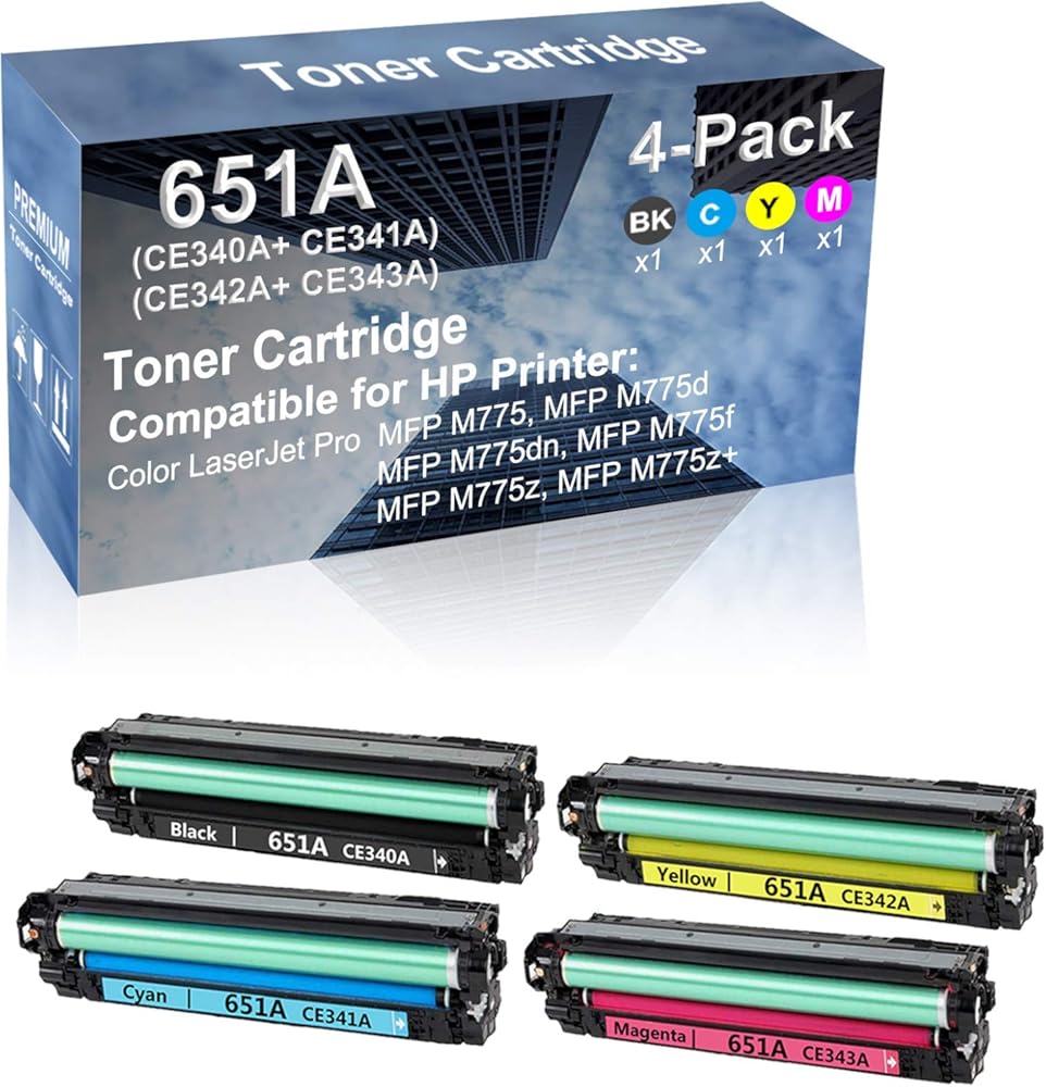 4-Pack (BK+C+Y+M) Compatible High Capacity 651A (CE340A+ CE341A+ CE342A+ CE343A) Toner Cartridge use for MFP M775, MFP M775d Printer