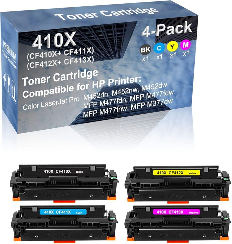 4-Pack (BK+C+Y+M) Compatible High Capacity 410X (CF410X+ CF411X+ CF412X+ CF413X) Toner Cartridge use for M452dn M452nw M452dw Printer