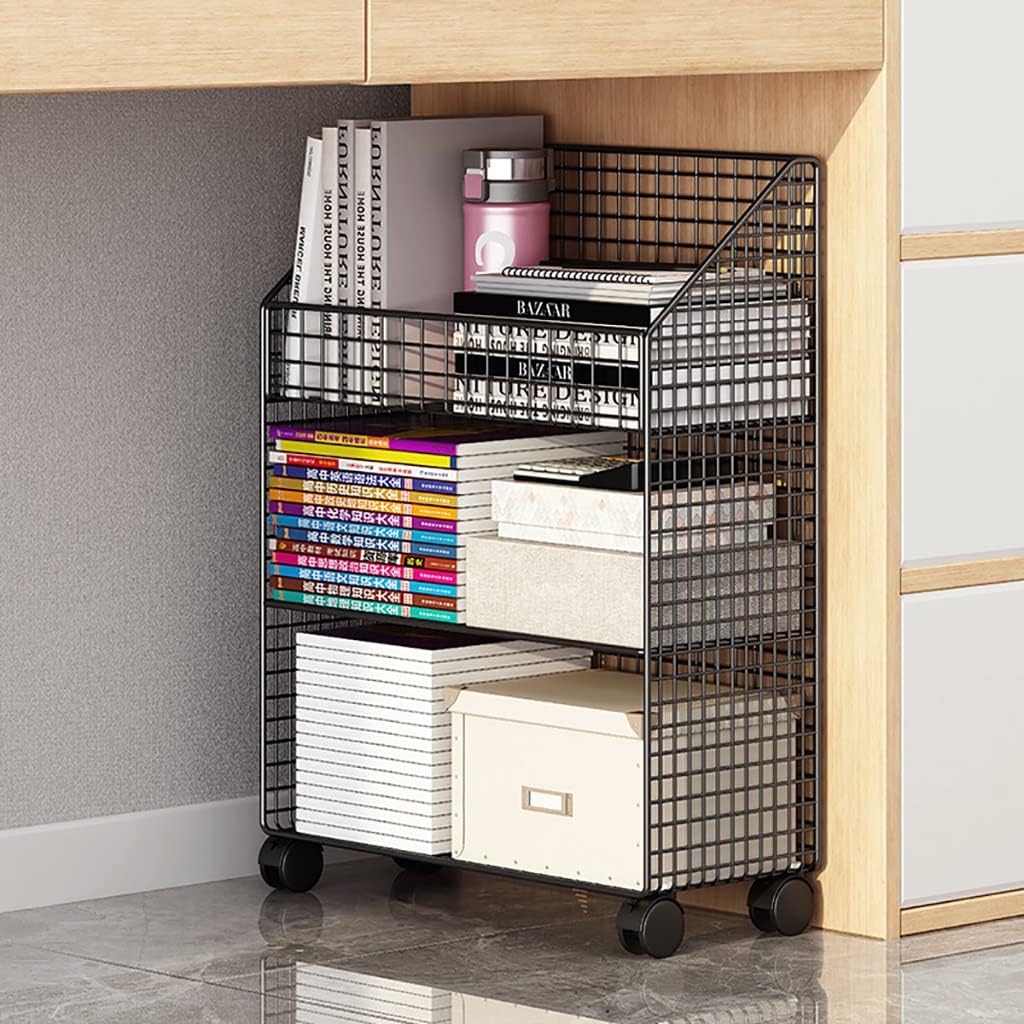 ZJDYDY 3-Tier Metal Shelf Rolling Library Cart with Lockable Wheels - Bookcase Storage Organizer for Home, School and Office