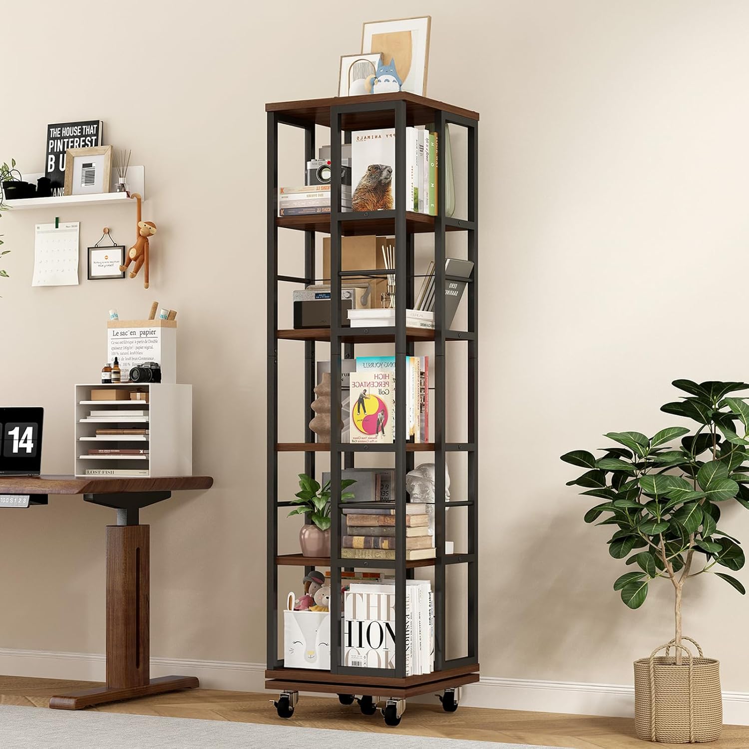 5 Tiers Rotating Bookshelf, Corner Bookcase, 360 Display Revolving Bookshelf, Floor Standing Bookcase Narrow Shelf Narrow Rolling Bookshelves for Small Space, Corner, Bedroom, Office (Walnut Brown)