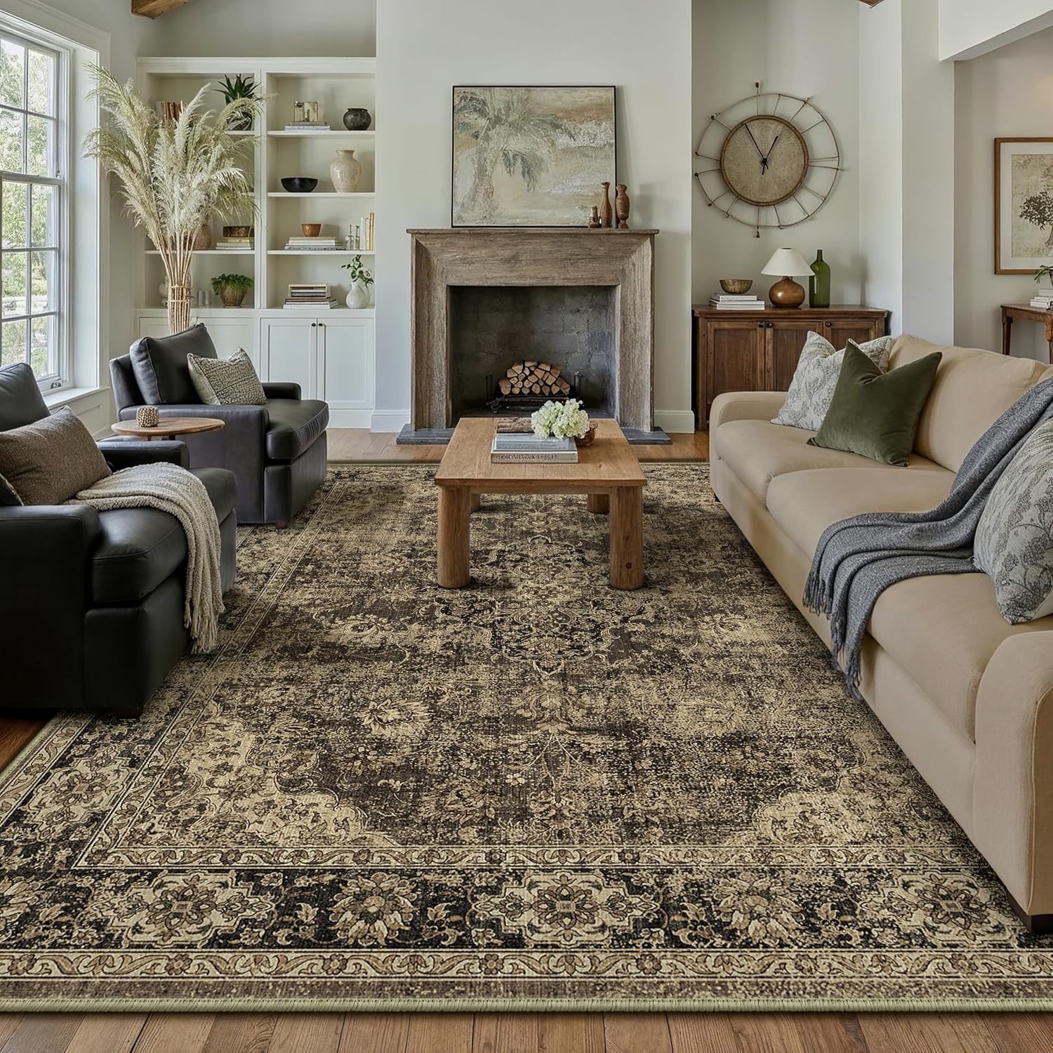 HUGEAR Retro Brown Area Rug 9x12 Machine Washable Living Room Rugs Distressed Vintage Floral Low Pile Carpet Bedroom Office Dining Room Laundry Room Non Slip Soft Lightweight