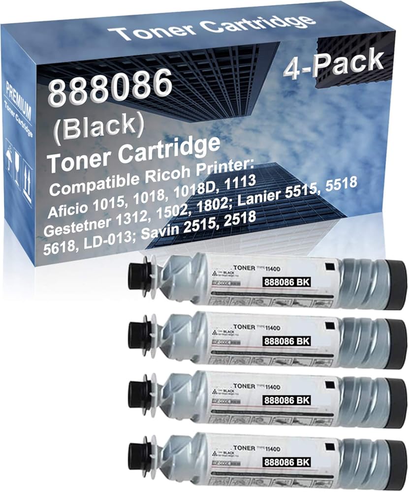 4-Pack Compatible High Capacity 1312, 1502, 1802, 2515, 2518 Printer Toner Cartridge Replacement for Ricoh 888086 (Type 1140D) Toner Cartridge (Black)