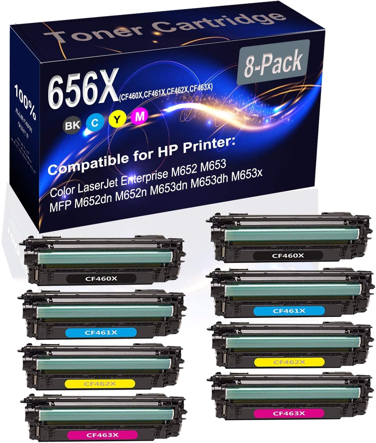 8-Pack (2BK+2C+2Y+2M) Compatible M652 M653 Laser Printer Toner Cartridge (High Capacity) Replacement for HP 656X (CF460X CF461X CF462X CF463X) Printer Toner Cartridge