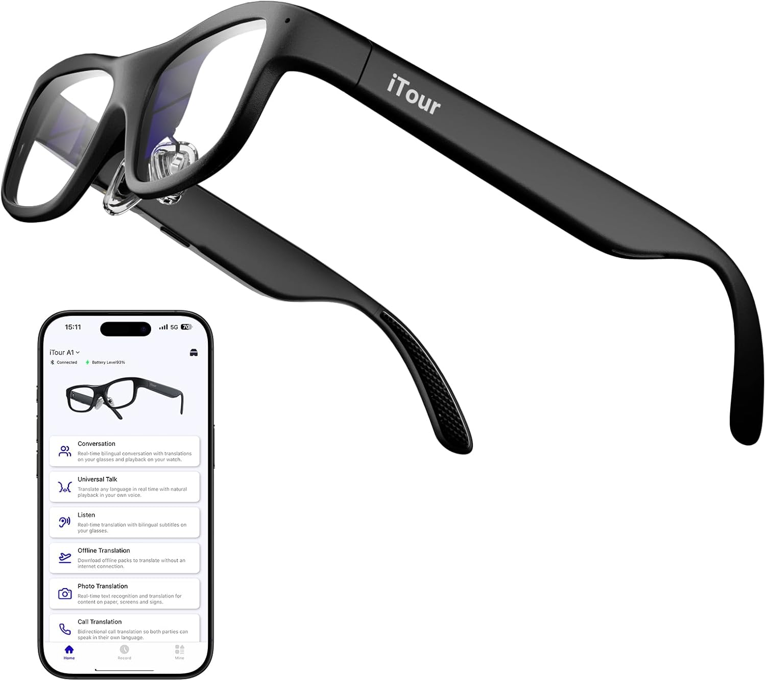 iTour A1 Smart AR Glasses, Two Way Real-Time Translator 110 Languages with iTourAR App, Offline Translation, Speech Recognition, Teleprompter, AI Assistant, AI Glasses for Travel, Meeting & Learning