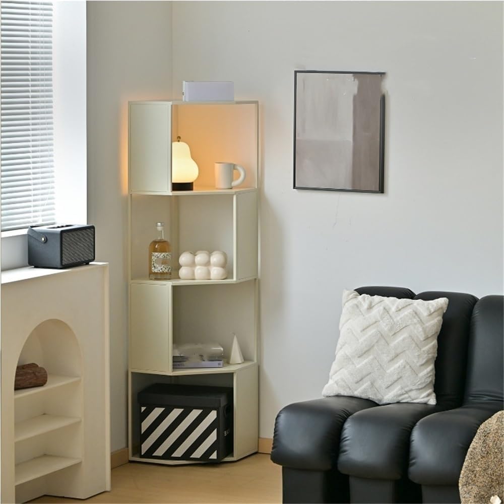 Tall Corner Bookshelf with Storage Shelves, Narrow Bookcase for Living Room or Bedroom, Freestanding Wall-Adjacent Display Rack and Corner Cabinet, Book Shelf for Small Spaces(White,150cm/59.1in)