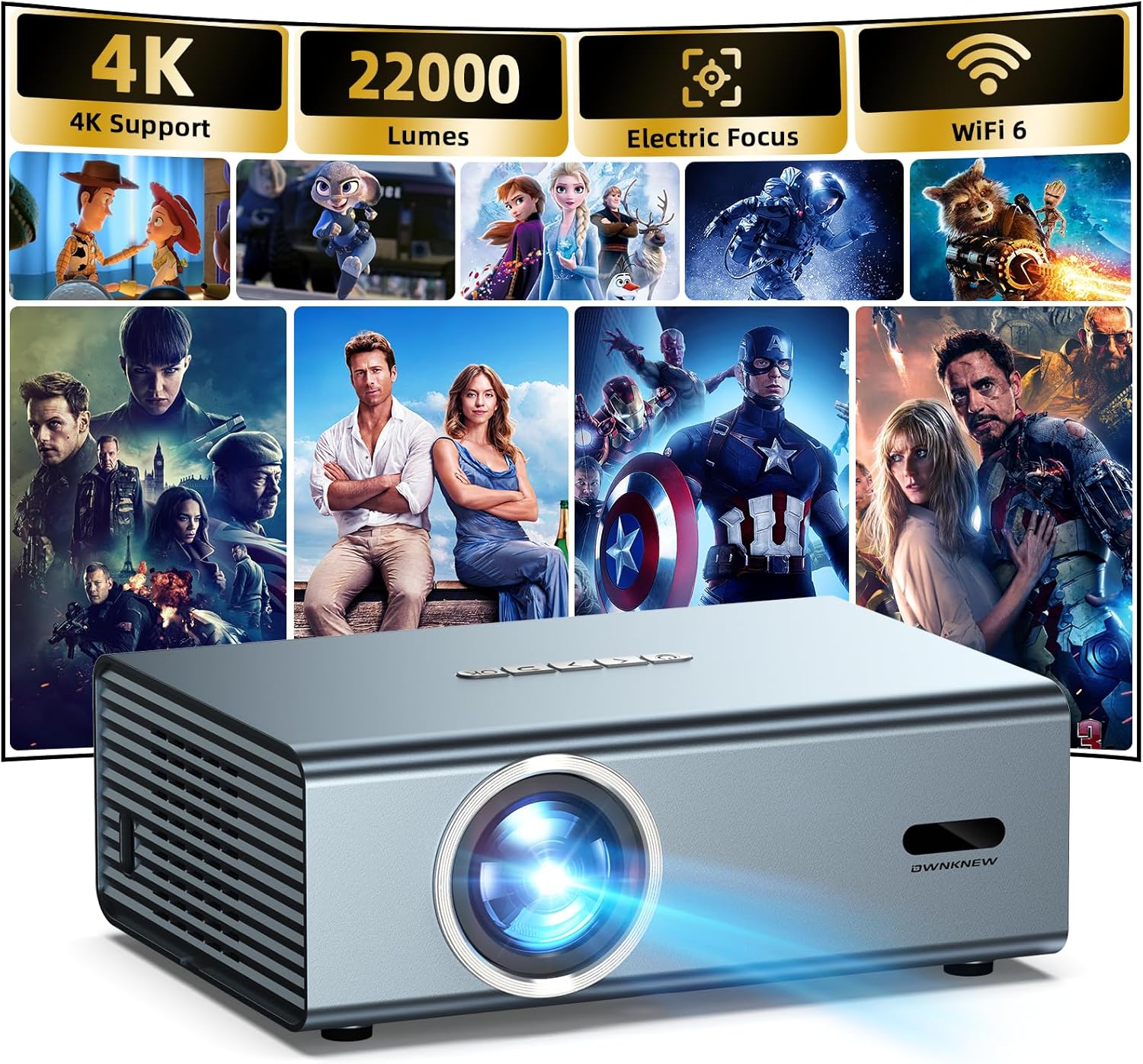 [Electric Focus] 4K Support Projector with WiFi6 and Bluetooth 5.3, Outdoor Projectors for Outside Video Use, OWNKNEW Gaming Movie Proyector, Auto Keystone Correction