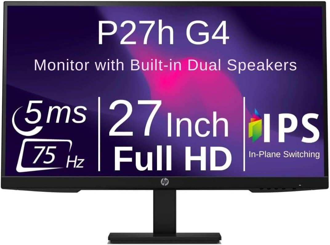 HP P27h G4 27 Inch IPS Desktop Office Monitor Full HD 75 Hz Built-in Speaker Tilt Swivel Pivot Height Adjustable Low Blue Light HDMI VGA DisplayPort for Laptop PC Screen Display, Black (Renewed)