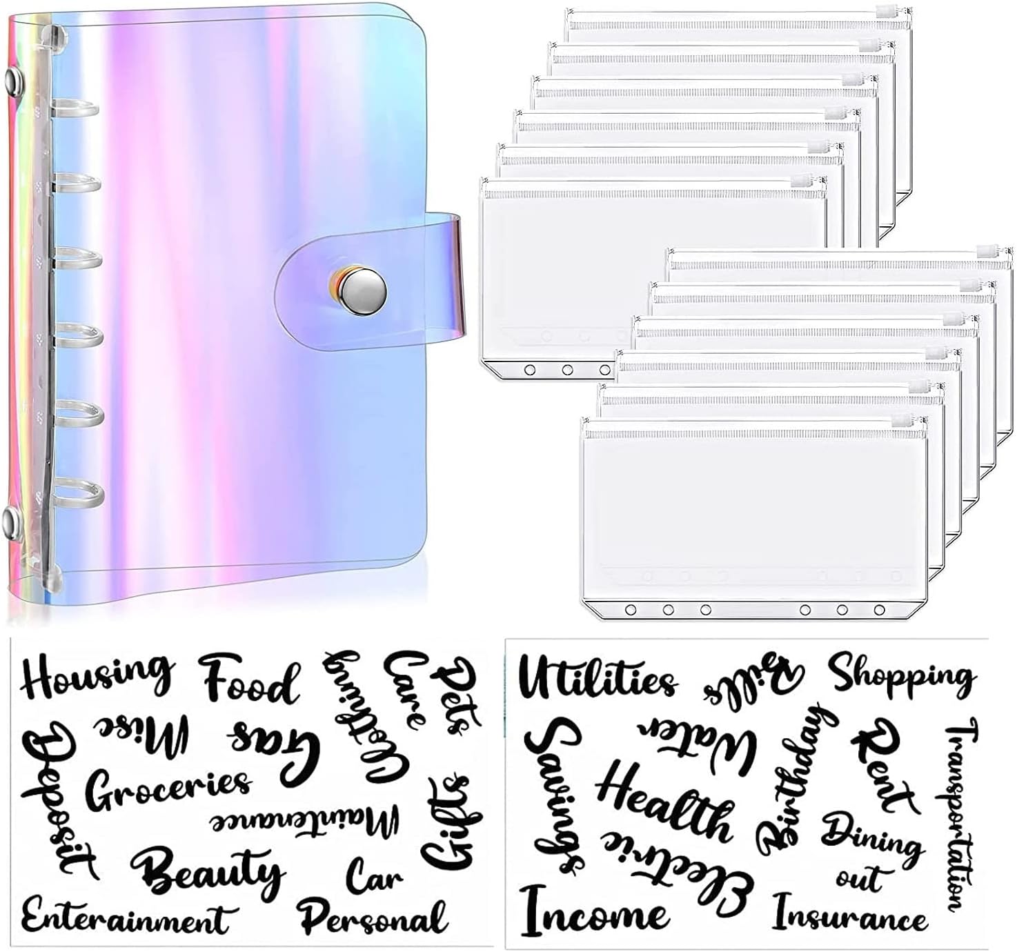 PSJVUR 15 Pieces A7 Soft PVC 6- Binder Cover 12 Mini Zipper Pockets and 2 Sheets Cash Envelope Sticker for Budget Planner