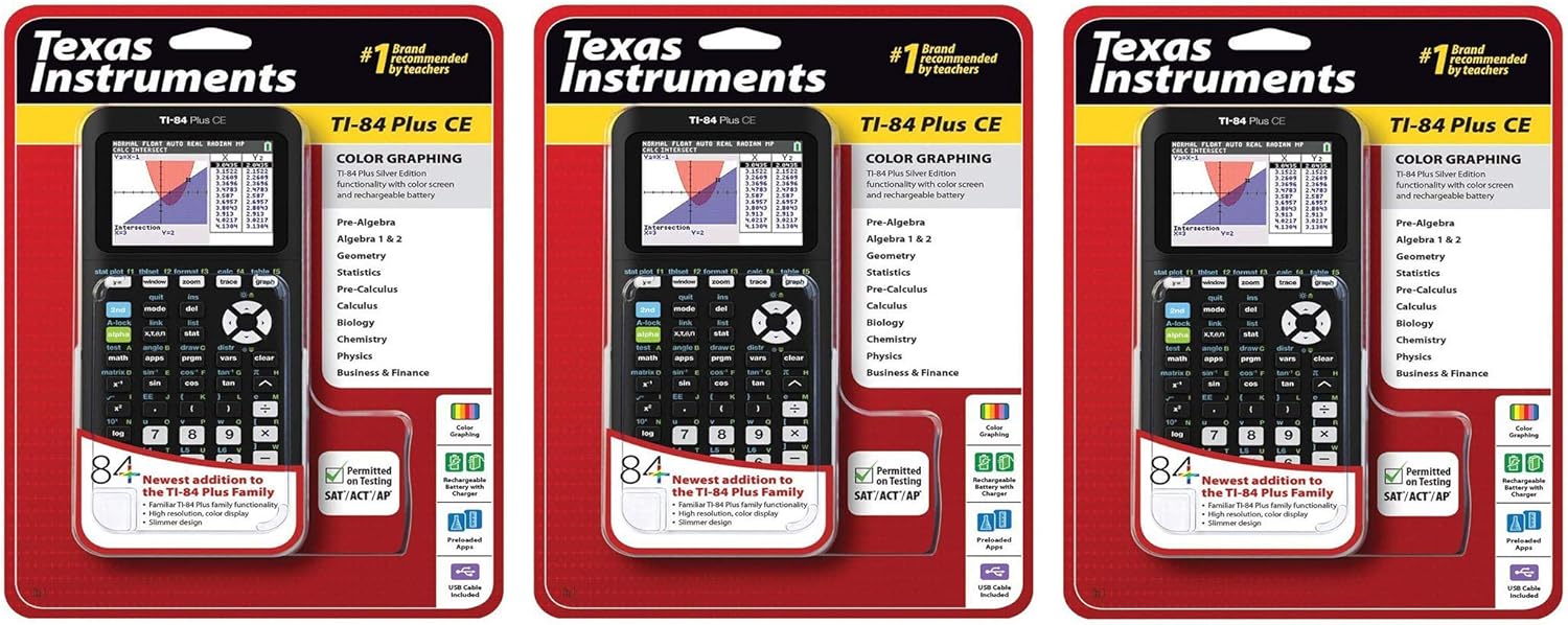Texas Instruments TI-84 Plus CE Graphing Calculator, Black, Pack 3