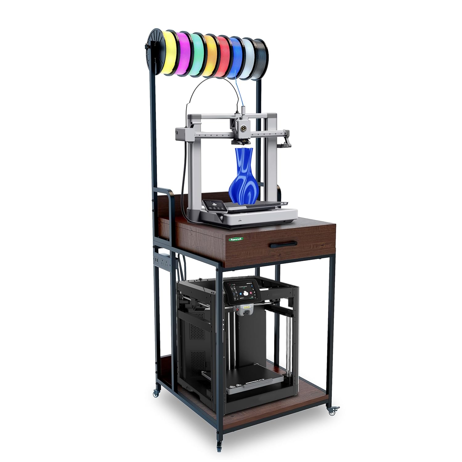PT2GO Heavy Duty 3D Printer Table Stand with Wooden Drawer, Dual Desk 3D Printer Table, Rolling Filament Spool Holder with Power Hub for Garage Office Workshop