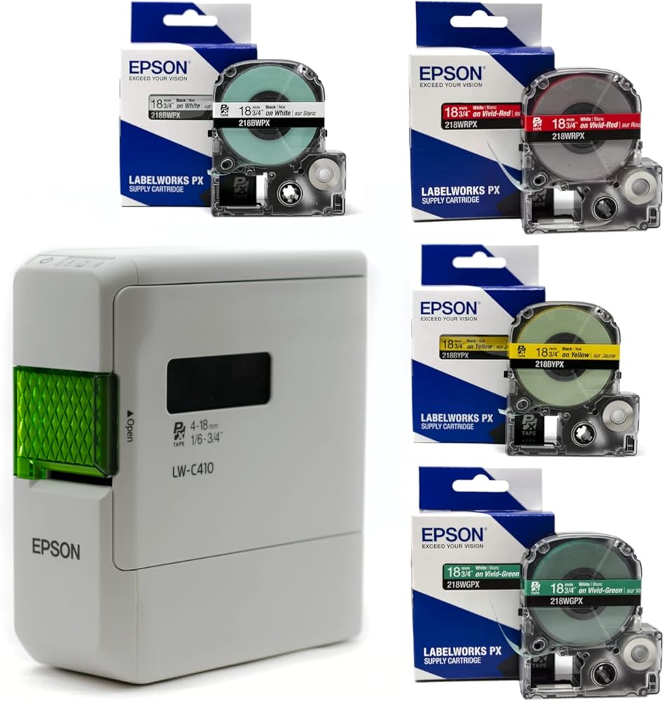 LABELWORKS Epson Stoplight Bundle - LW-C410PX Label Maker & White, Red, Yellow & Green Label Tapes