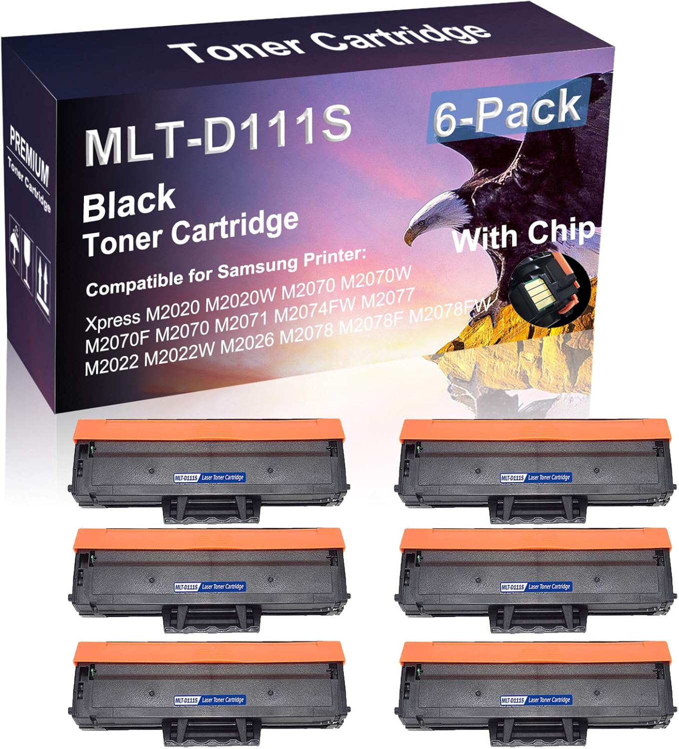 6 Pack (Black) with Chip Compatible MLT-D111S D111S Laser Toner Cartridge use for Samsung Xpress M2020 M2020W M2070 M2070W Printer (High Yield)