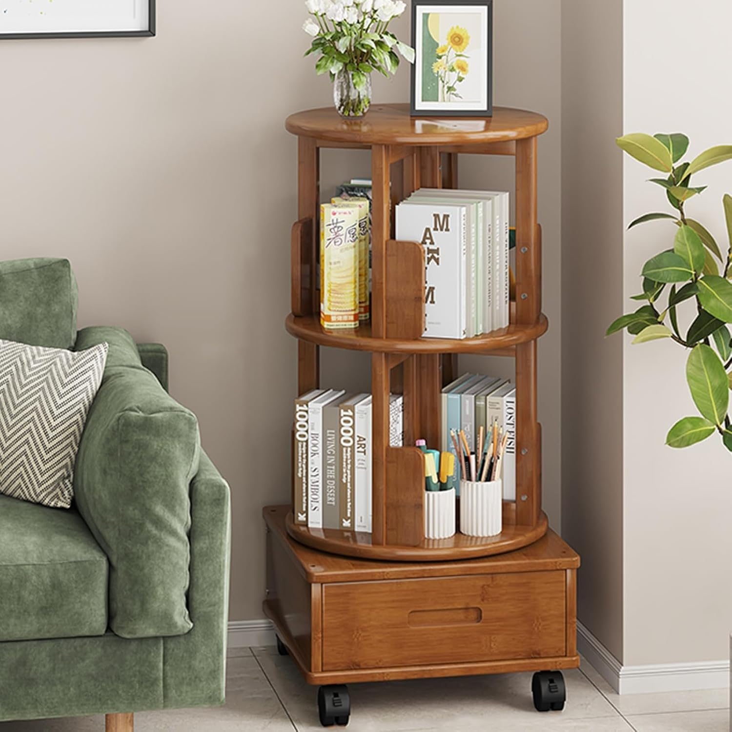 GUODDM 2-Tier Swivel Bookcase - Corner Shelf with Storage Drawer, 360° Rotating Bookshelf Tower for Kids & Adults, Suitable for Bedrooms, Living Rooms, Classrooms(A)