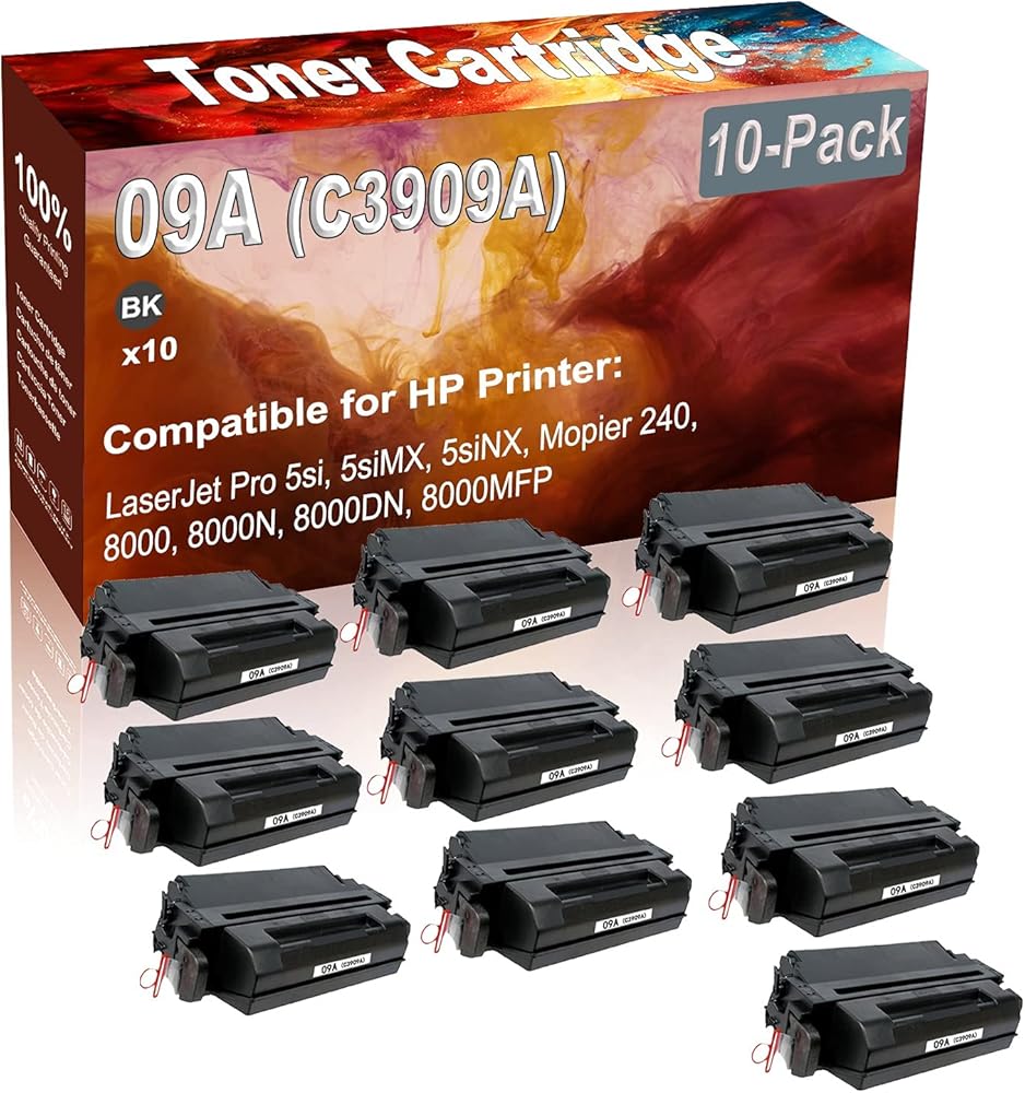 10-Pack (Black) Compatible 5si, 5siMX, 5siNX, Mopier 240, 8000, 8000N, 8000DN, 8000MFP Laser Printer Cartridge (High Capacity) Replacement for HP 09A (C3909A) Printer Cartridge