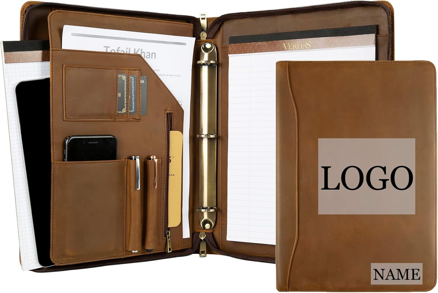 Genuine Leather Portfolio Binder, Vintage Leather Binder 3 Ring, Personalized Portfolio Organizer for Men & Women, Custom Padfolio Folder with Name/Logo Engraved (Khaki)