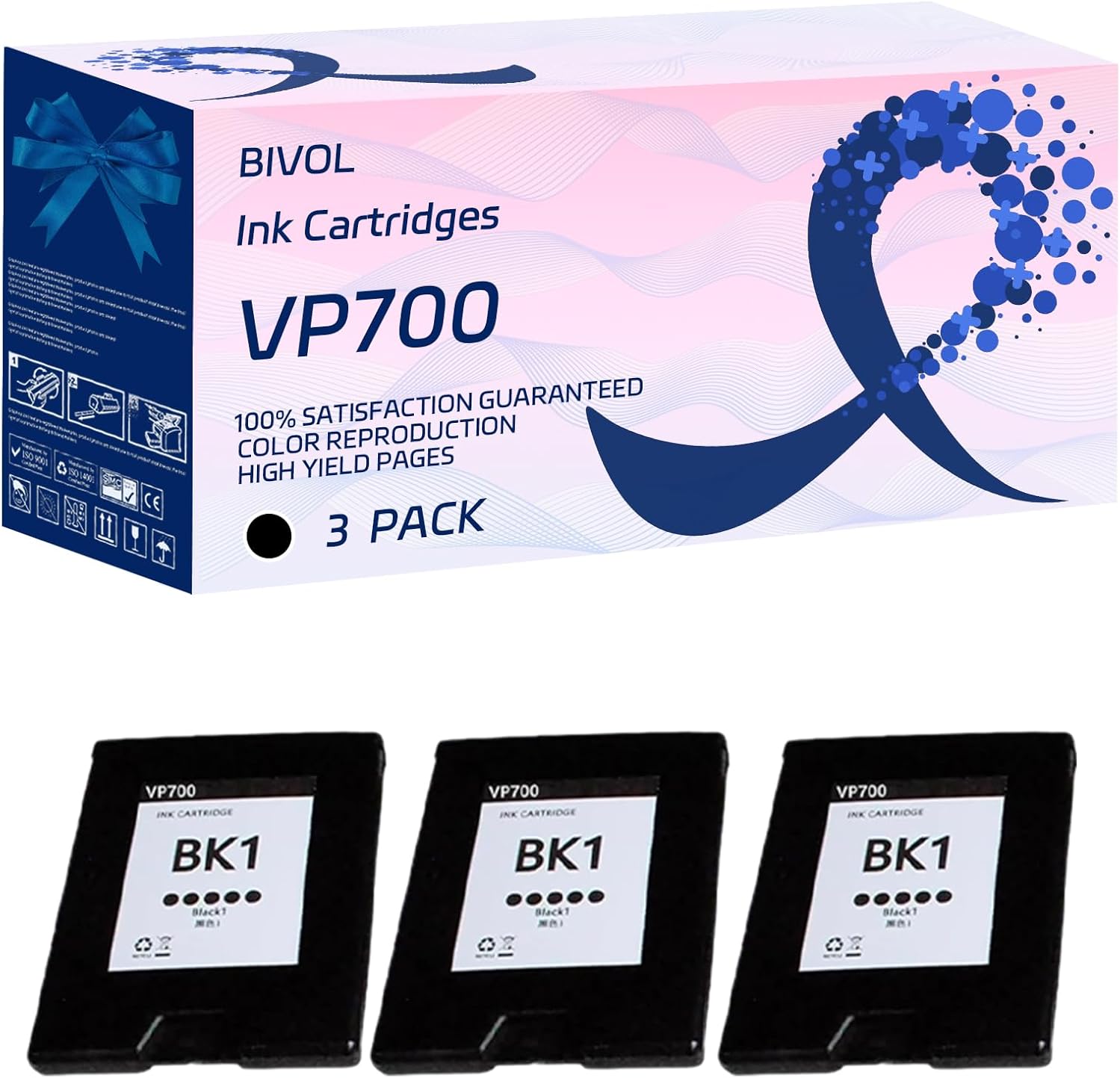 BIVOL VP700 Ink Cartridges Compatible for VIP Color 700 Printers, with Chip, High Yield 6000 Pages, Vivid Colors (3 Pack Black)